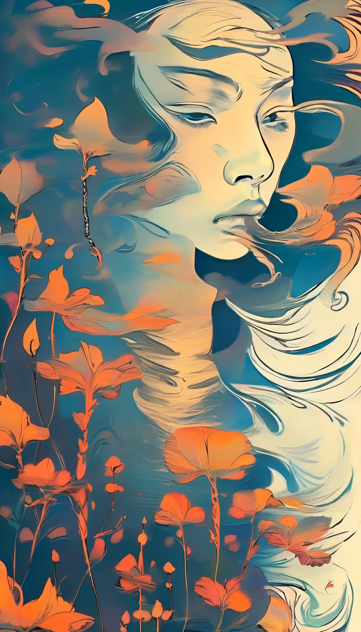 A Mysterious Transfer Student / Mysterious transfer student ,The background is a Dunhuang mural , Minimalist, line art , From foreground to center to spooky smoke, double exposure,transitions from solid color to spooky style , wise and powerful yet calm, rich in details, Psychedelic, dream, drama, classical Chinese style , closed lips , ink painting, fantasy, surrealism, ethereal