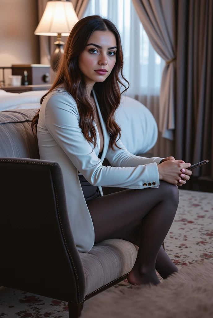 1girl, 1 girl wearing dark blue shirt as iner, dark gray blazer suit as outer, brown formal trousers, in the roof top of a luxury 5 star hotel background, Beautiful Ukrainian Girl, brown hair, blue eyes.