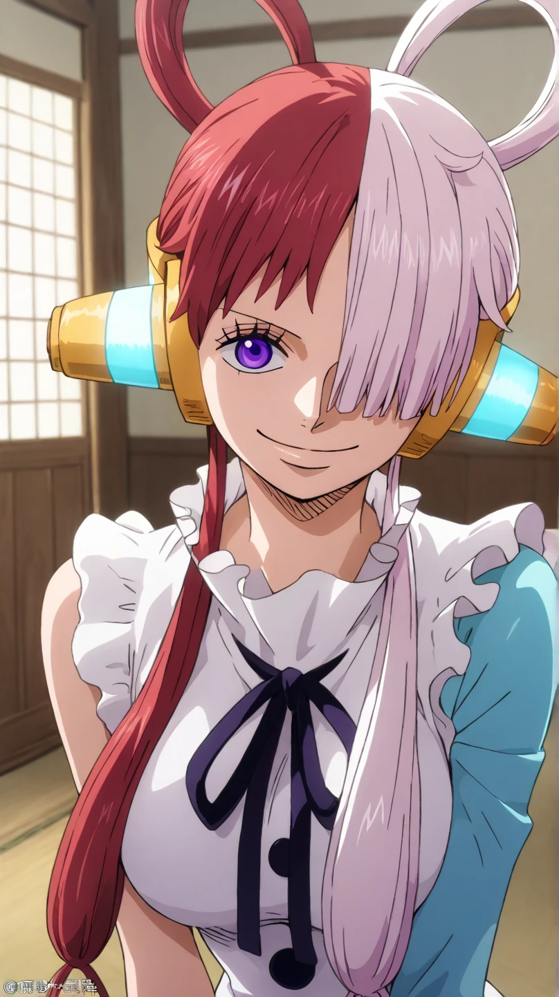uta,one piece,
High quality , best quality , masterpiece, High Resolution , detailed face( LoRA: uta),anatomically correct, detailed hair Style( LoRA: uta),anime Coloring
solo, 1 girl,
headphones,multicolored hair,two-tone hair,white hair,split-color hair,hair rings,long hair,hair over one eye, purple eyes, ribbon
white dress, frills, neck ribbon, single sleeve, long sleeve,
looking at viewer ,close up,upper body,
, Japanese-style room
, smile,open