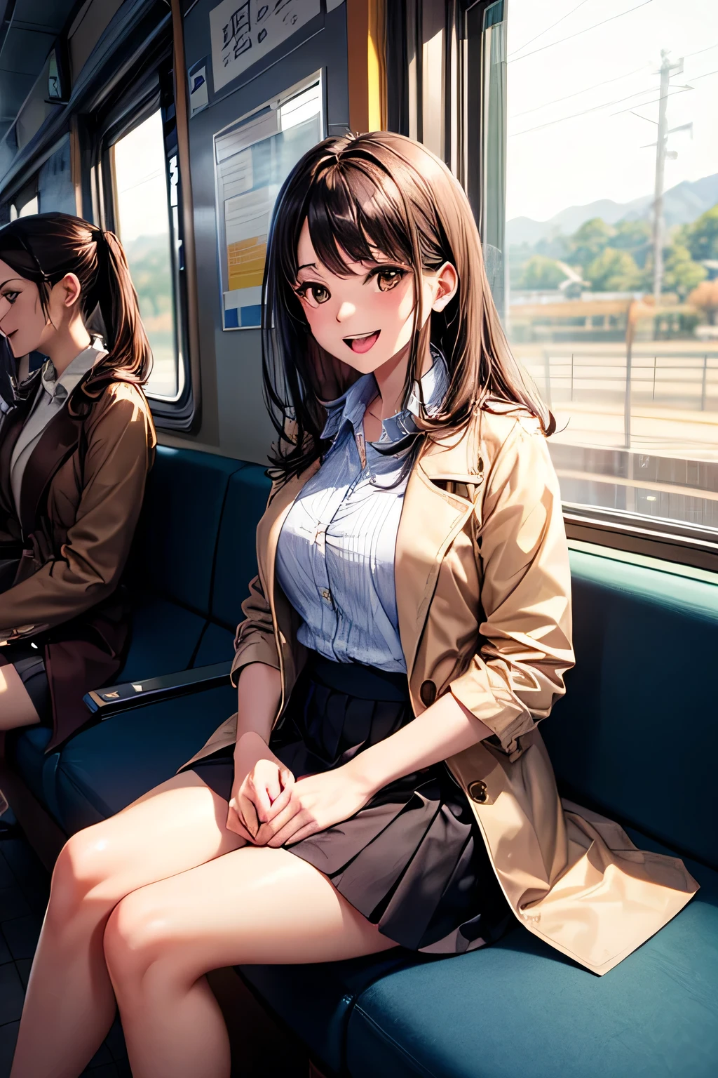 (NSFW:1.3), ((masterpiece)), ((highest quality)), (Super detailed), ((cute)), cute, (Lovely), ((sexy)), (device), ((very detailed)), 4K, (8K), highest quality, (beautiful), anime style, realistic, real, dynamic angle, ((1 girls, solo, cute girl)), ((office lady suits)), ((hyper cute face)), beautiful light brown hair, beautiful black eyes, ((beautiful eyes)), large breasts, embarrassing, blush, ,on the train, train interior, front view of front seat,(looking away:1.4) ,(staring at smartphone:1.7),
(sitting:1.3),(skirt:1.3), show off panties, white panties, (cameltoe:1.2), cowboy shot, shiny, shine