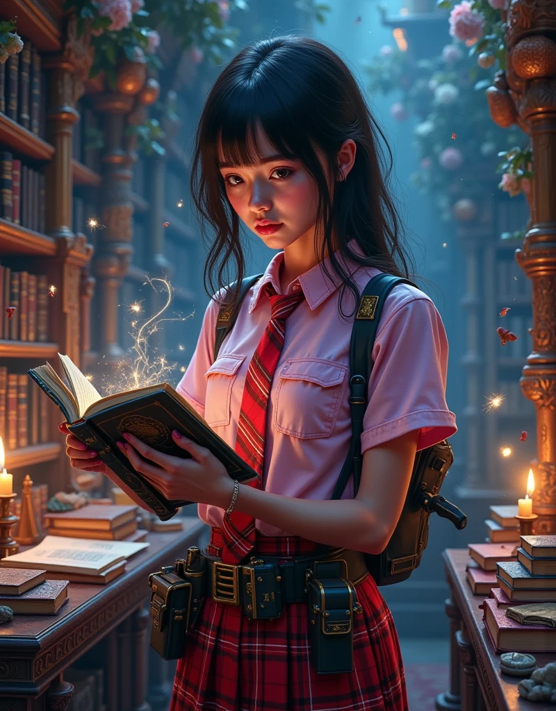 (best quality,4k,8k,highres,masterpiece:1.2),ultra-detailed,(realistic,photorealistic,photo-realistic:1.37),high school boy,transformation,growing long black hair,pink dye,colorful lighting,fantasy,pink eyes,pink-themed background,gender bending,cute school girl fashion,feminine outfit,sparkling magic,cosmetic transformation,magical aura,mirror reflection,amazed expression,fantastical scenery,enchanted school environment,bookshelf filled with magical books,textbooks with floating letters,crowd of amazed students,hairstyling tools,flying ribbons,fantasy creatures in the background,confetti raining down,sparkling stars,soft and pastel colors,expressive facial features,happy and confident poses,wonder and surprise in the eyes,lively and dynamic composition,shimmering and glowing effects,enchanted school uniform,eye-catching accessories,beautifully detailed lips,school bag with magical elements,subtle surreal elements,life-changing moment.