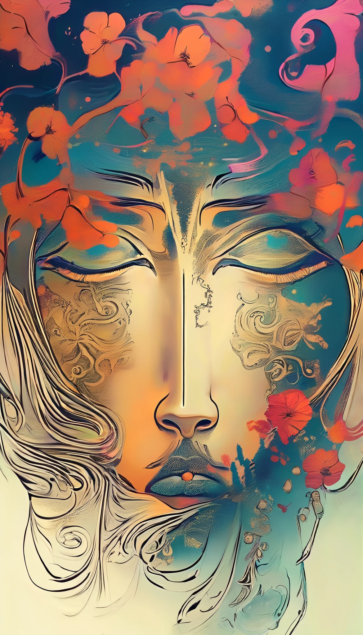 A Mysterious Transfer Student / Mysterious transfer student ,Beautiful face with long hair,Melancholy,fear,Transition from solid color to spooky style background for Dunhuang mural , Minimalist, line art , From foreground to center to spooky smoke, double exposure , wise and powerful yet calm, rich in details, Psychedelic, dream, drama, classical Chinese style , closed lips , ink painting, fantasy, surrealism, ethereal