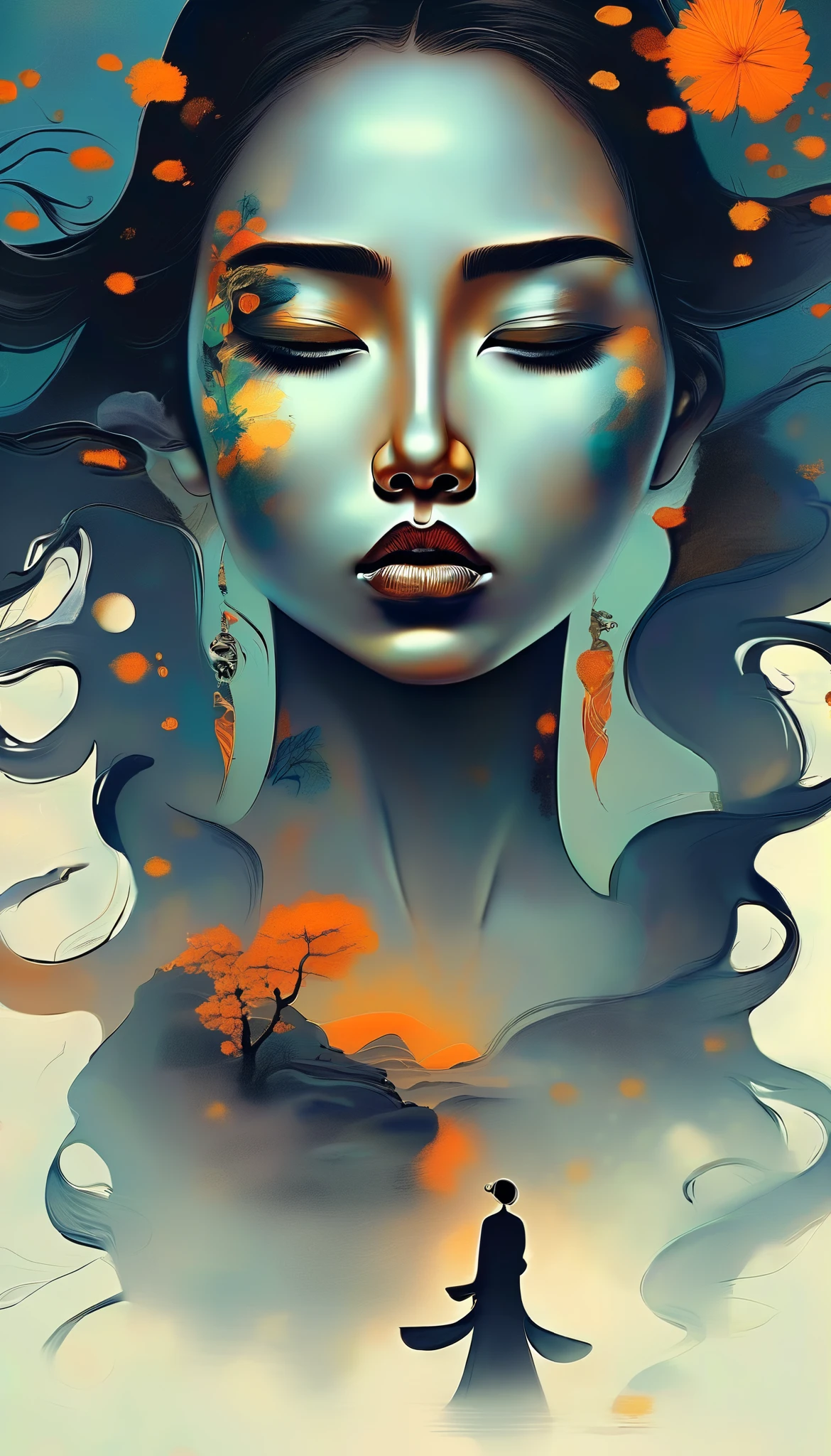 A Mysterious Transfer Student / Mysterious transfer student ，Beautiful face with long hair，Melancholy，fear，Transition from solid color to spooky style background for Dunhuang mural ,  Minimalist,  line art , From foreground to center to spooky smoke,   double exposure , wise and powerful yet calm,  rich in details, Psychedelic, dream, drama,  classical Chinese style ,  closed lips ,  ink painting,  fantasy, surrealism, ethereal