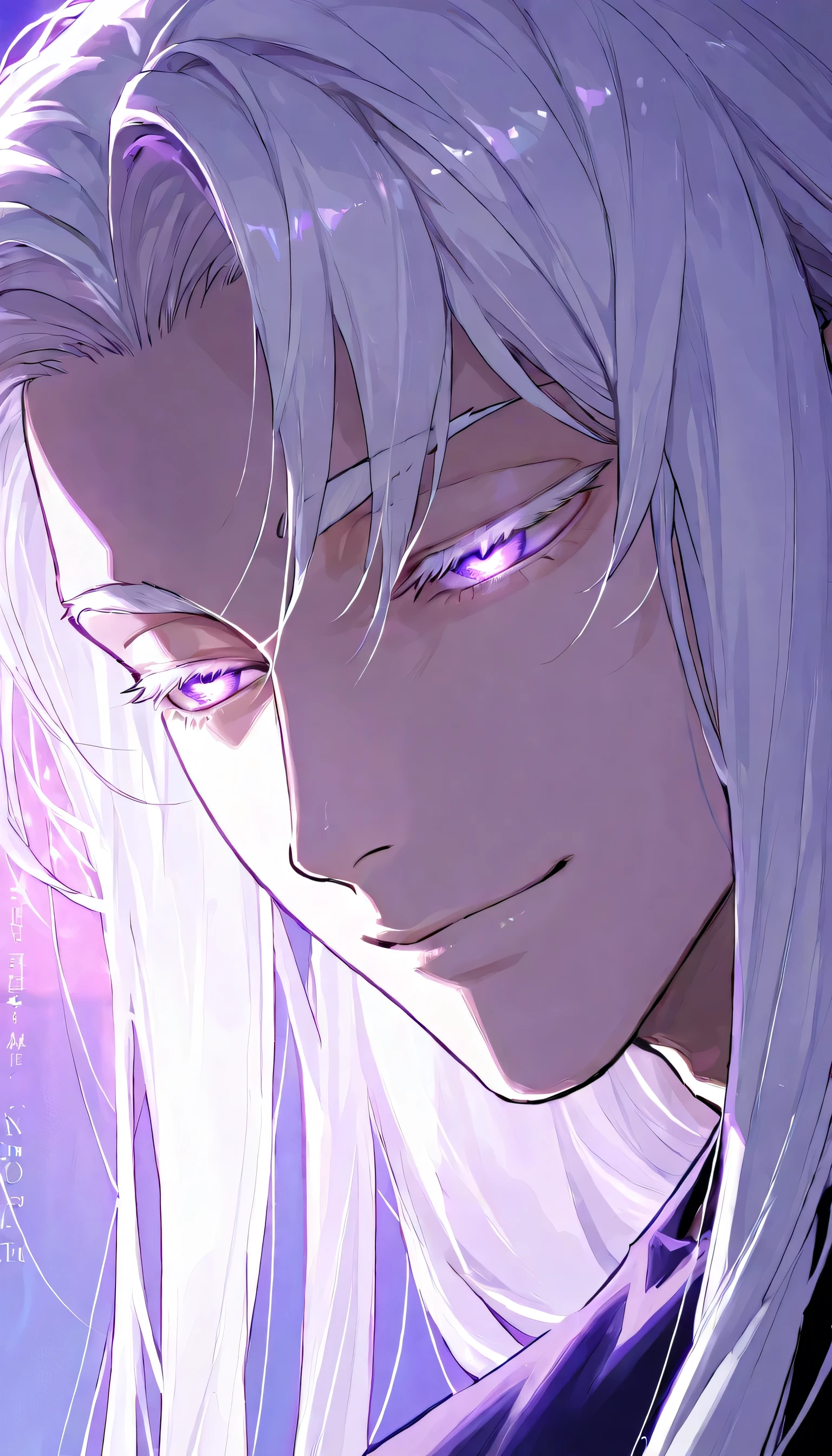 1 boy, fit, handsome, white hair, straight hair, long hair, middle part hair, thin eyebrows, white eyebrows, glowing purple eye, white eyelashes, cold eyes, light smile, bright skin, neon purple lighting, detailed, shading, face close up, full face, masterpiece, magazine cover