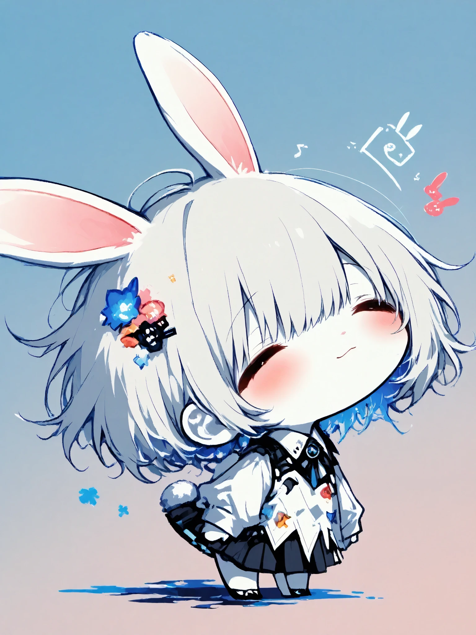 illustration, best quality, dramatic lighting,trk, 1chibi character\(short hair, bunny ears, closed eyes,white skin,peaceful expression,hzk,solo,gentle glow, gradient background, gray and soft blue and soft pink,best quality,magical realism style