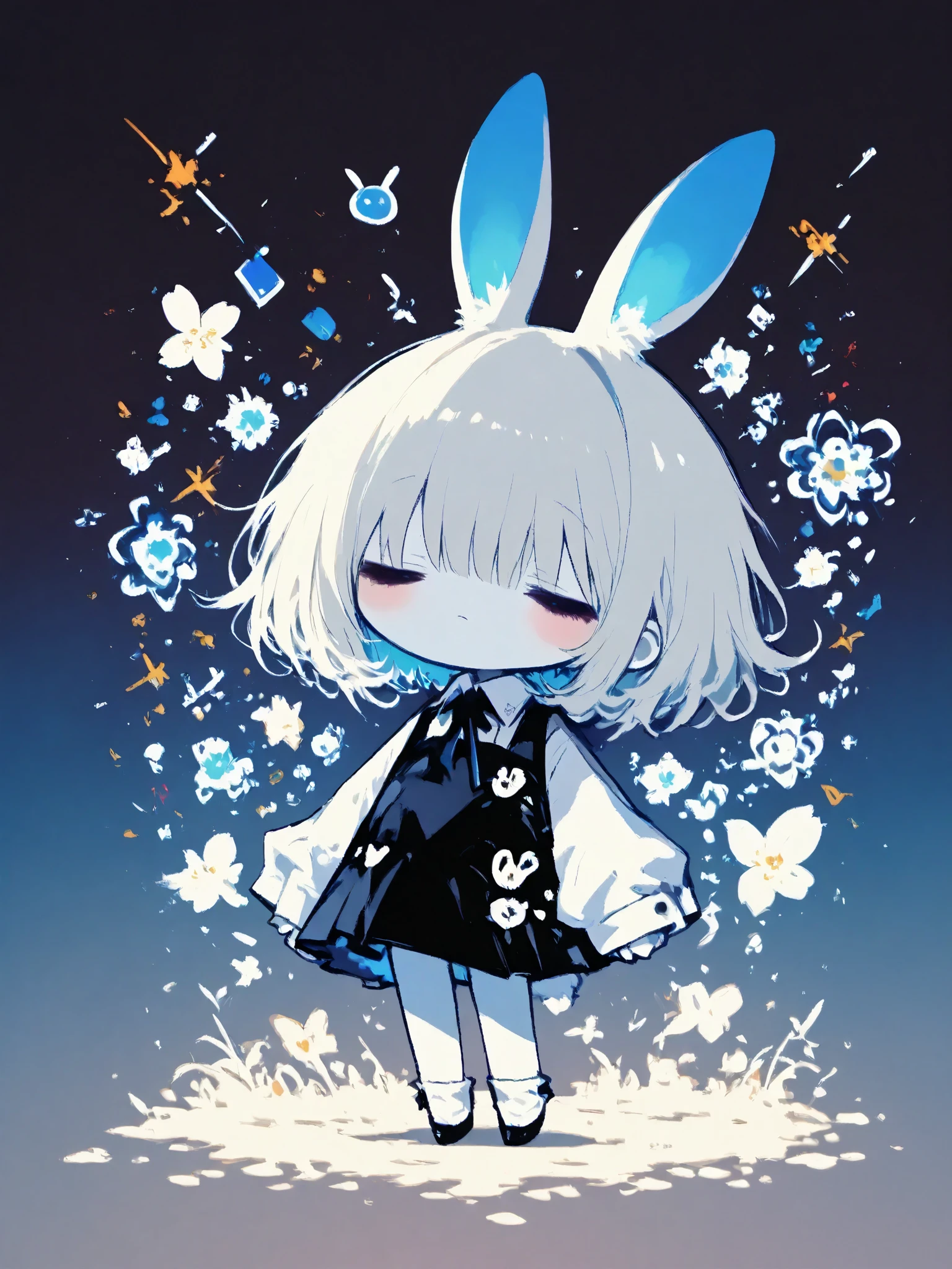 illustration, best quality, dramatic lighting,trk, 1chibi character\(short hair, bunny ears, closed eyes,white skin,peaceful expression,hzk,solo,gentle glow, gradient background, gray and soft blue and soft pink,best quality,magical realism style
