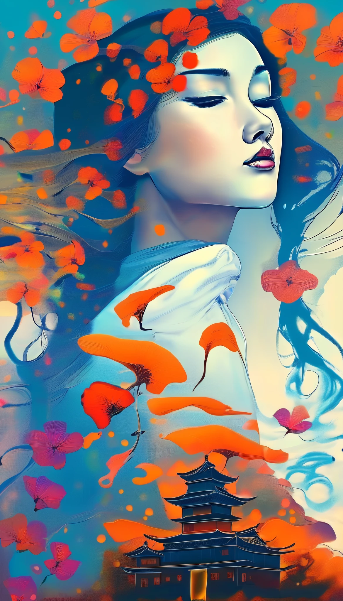 A Mysterious Transfer Student / Mysterious transfer student ,Beautiful face with long hair,Melancholy,fear, school uniform,grid,The background classroom is a Dunhuang mural , Minimalist, line art , From foreground to center to spooky smoke, double exposure , wise and powerful yet calm, rich in details, Psychedelic, dream, drama, 中国古典风grid, 绘画风grid, ink painting, fantasy, surrealism, etherea,l transition from pure color to spooky wind