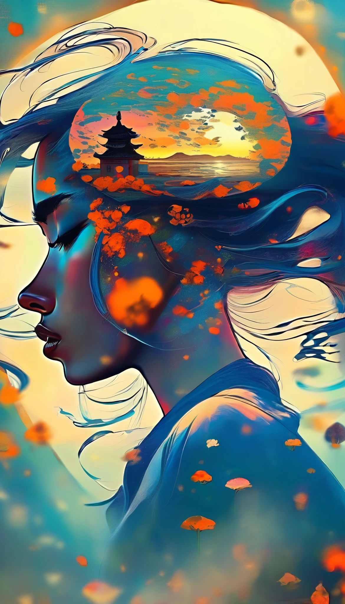 A Mysterious Transfer Student / Mysterious transfer student ,Beautiful face with long hair,Melancholy,fear, school uniform,grid,The background classroom is a Dunhuang mural , Minimalist, line art , From foreground to center to spooky smoke, double exposure , wise and powerful yet calm, rich in details, Psychedelic, dream, drama, 中国古典风grid, 绘画风grid, ink painting, fantasy, surrealism, etherea,l transition from pure color to spooky wind