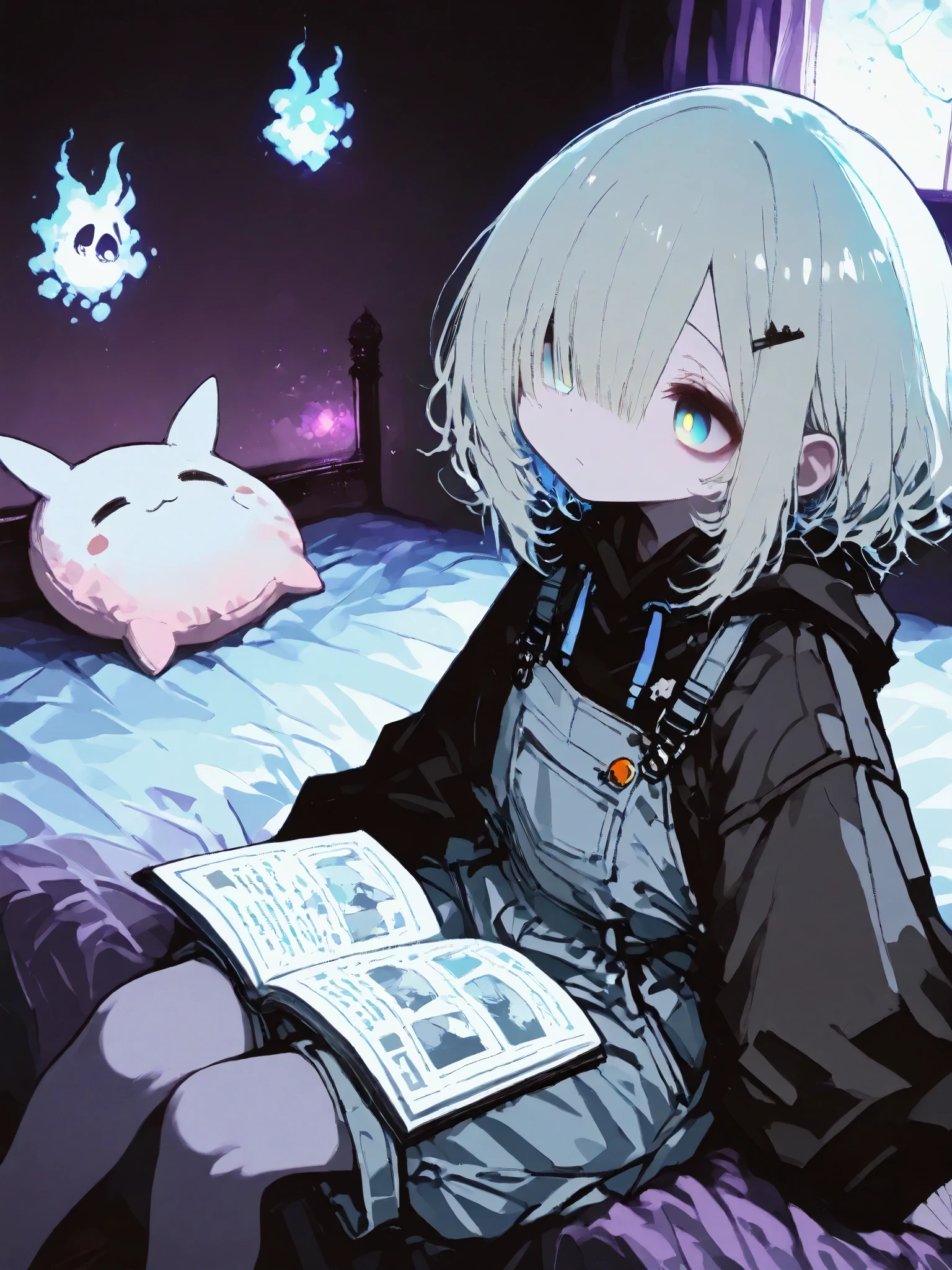 masterpiece, best quality, ultra-detailed,trk,hzk,Low Fidelity art. pastel,A quiet moment in a room lit by soft purple lighting. A person is sitting on a bed, reading a book, while the entire room is softly illuminated by the purple glow. The room is decorated with a pink cushion and a bluish bedspread, adding subtle touches of color. A window in the background reveals the deep blue night sky and a glowing moon outside. The character, drawn with a relaxed posture, sits comfortably, surrounded by the nostalgic feel of the scene. The lines are simple and rough, but the overall atmosphere is serene, with the purple light wrapping everything in a calm and tranquil mood.