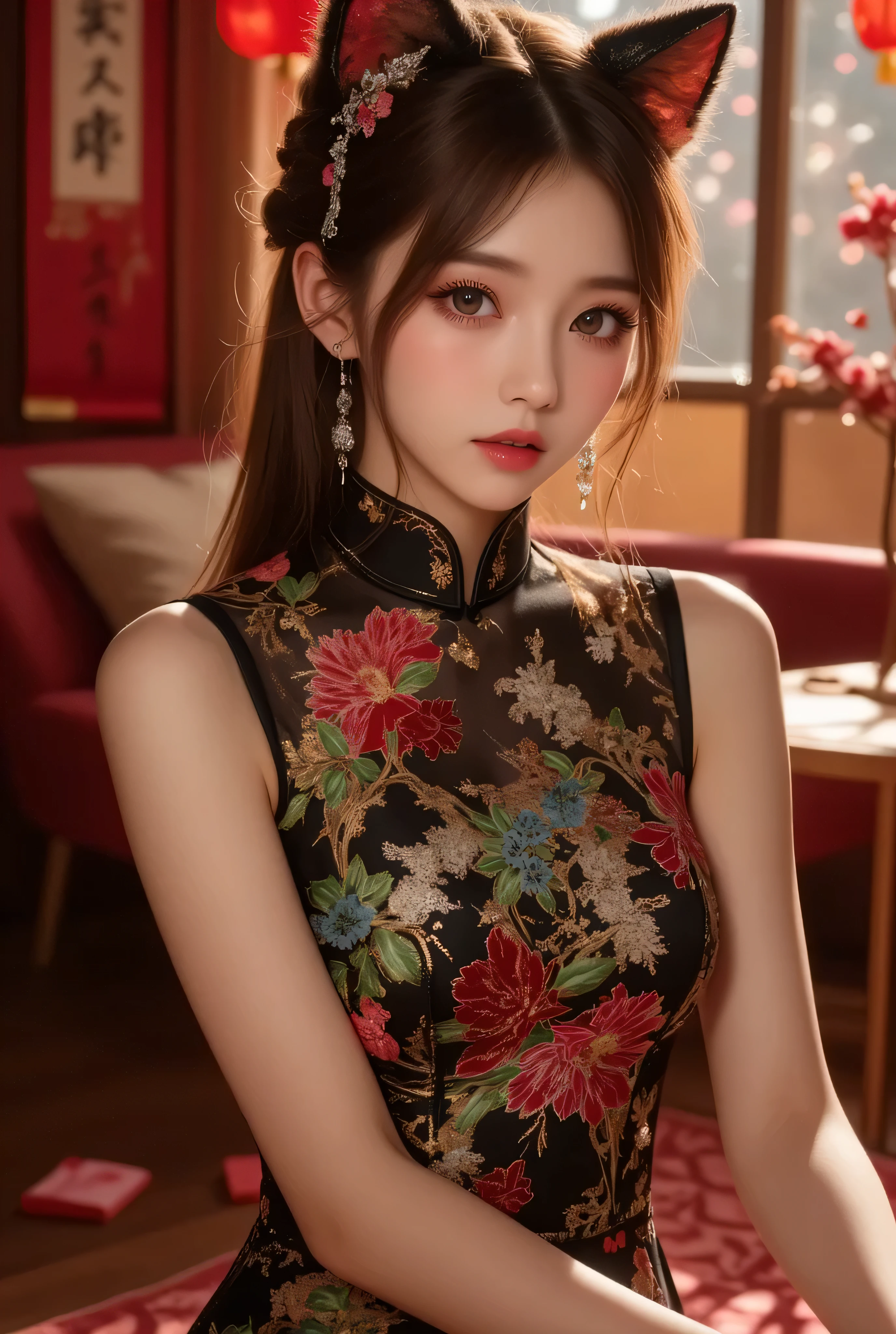 absurdres, RAW photo, extremely delicate and beautiful, masterpiece, Best Quality, ultra high resolution, 32k, hyperrealistic, ultra-detailed, perfect figure, in her 20s, very small head, very small face, delicate facial features, tearful mole, earring, ((huge breasts)), ((((full body shot)))), medium hair, black hair, ((cheongsam)), sleeveless, deep slit,
