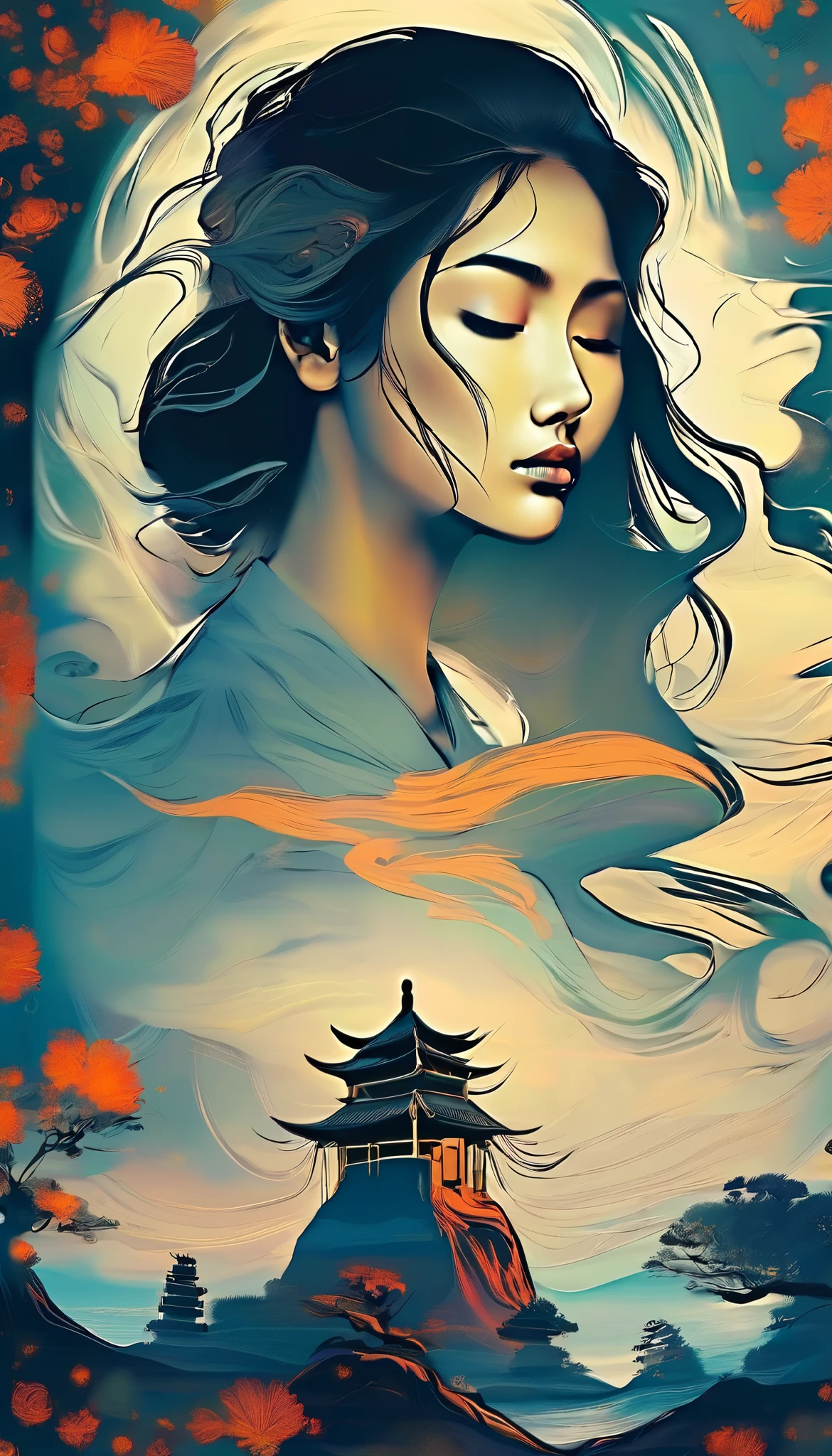 A Mysterious Transfer Student / Mysterious transfer student ,Beautiful face with long hair,Melancholy,fear,Student obedience from the foreground to the center becomes a spooky smoke, The background classroom is a Dunhuang mural , Minimalist, line art , wise and powerful yet calm, rich in details, Psychedelic, dream, drama, classical Chinese style , closed lips , ink painting, fantasy, surrealism, etherea,l transition from pure color to spooky wind, double exposure