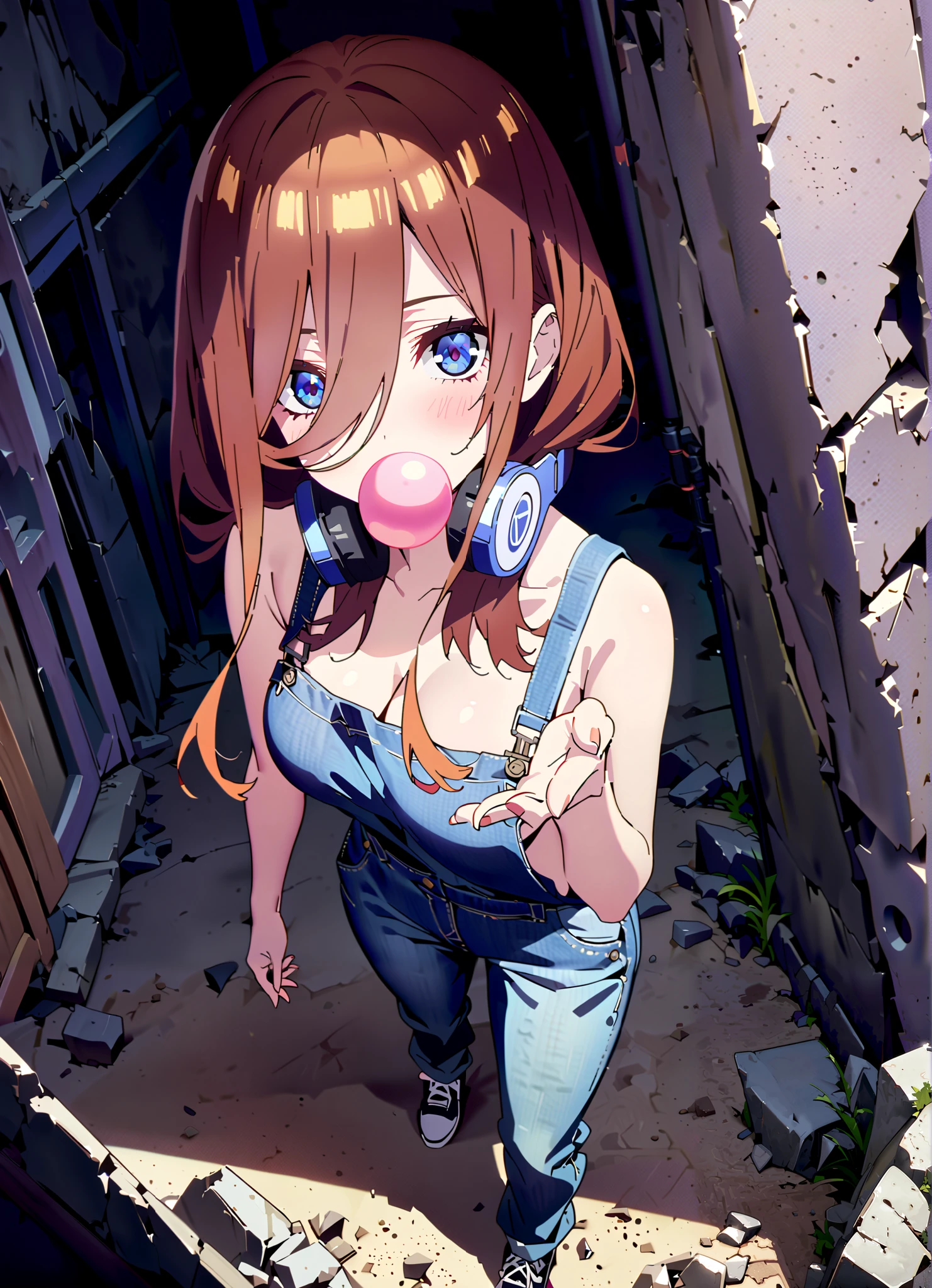 score_9, score_8_up, score_7_up, source_anime, Nakano Future, long hair, bangs, blue eyes, brown hair, o, headphones , headphones around neck, Big Breasts,sideboom,naked overalls, denim jeans,Sneakers,standing,Blowing bubble gum,rubble,full bodyがillustrationsに入るように, break outdoors,ruins,
break looking at viewer,full body,
break (masterpiece:1.2), Best Quality, Hi-Res, Unity 8K Wallpaper , (illustrations:0.8), (Beautiful Detailed Eyes:1.6), very detailed face, perfect lighting , highly detailed CG, (perfect hand, perfect anatomy),