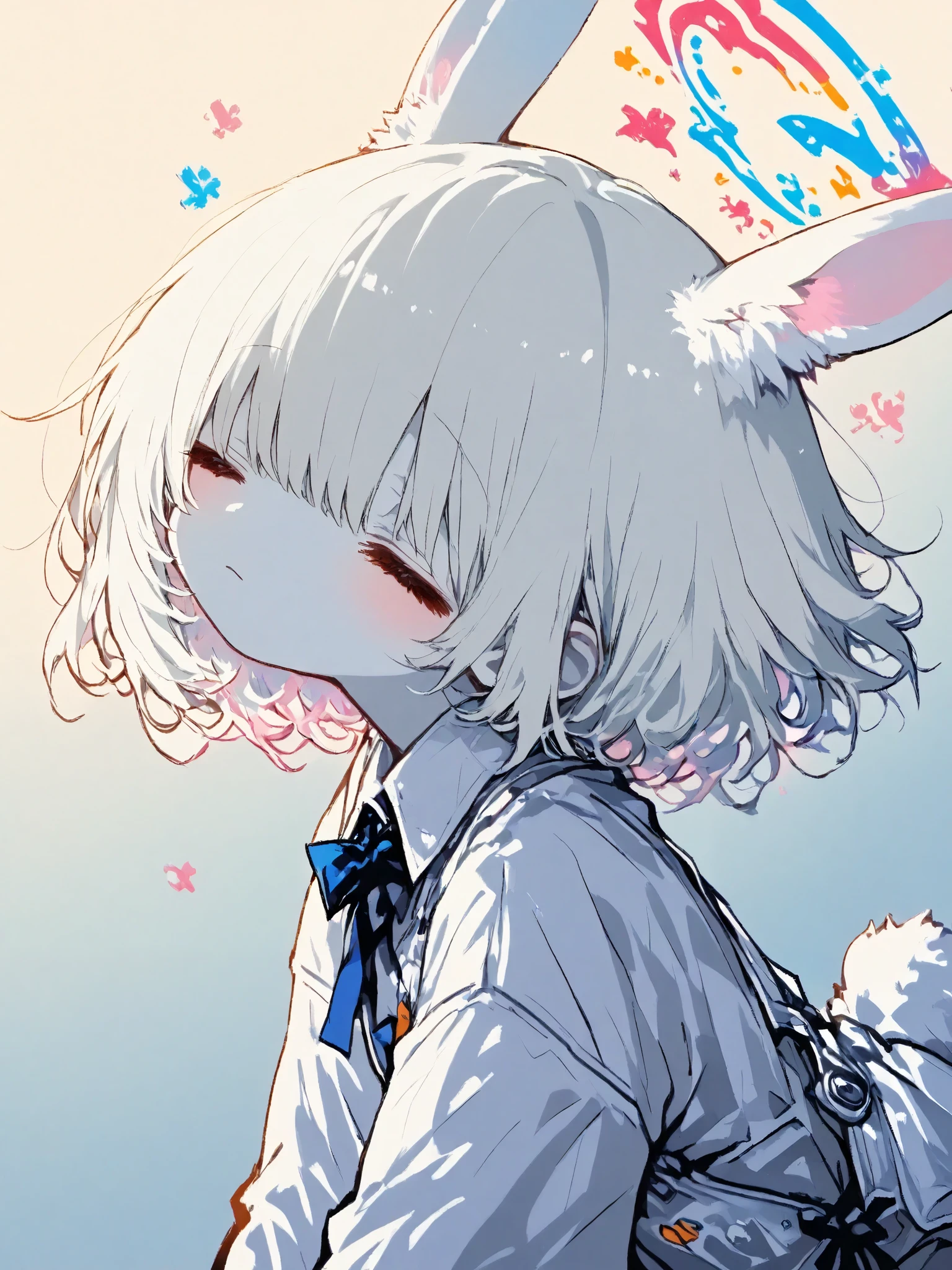 illustration, best quality, dramatic lighting,trk, 1chibi character\(short hair, bunny ears, closed eyes,white skin,peaceful expression,hzk,solo,gentle glow, gradient background, gray and soft blue and soft pink,best quality,magical realism style