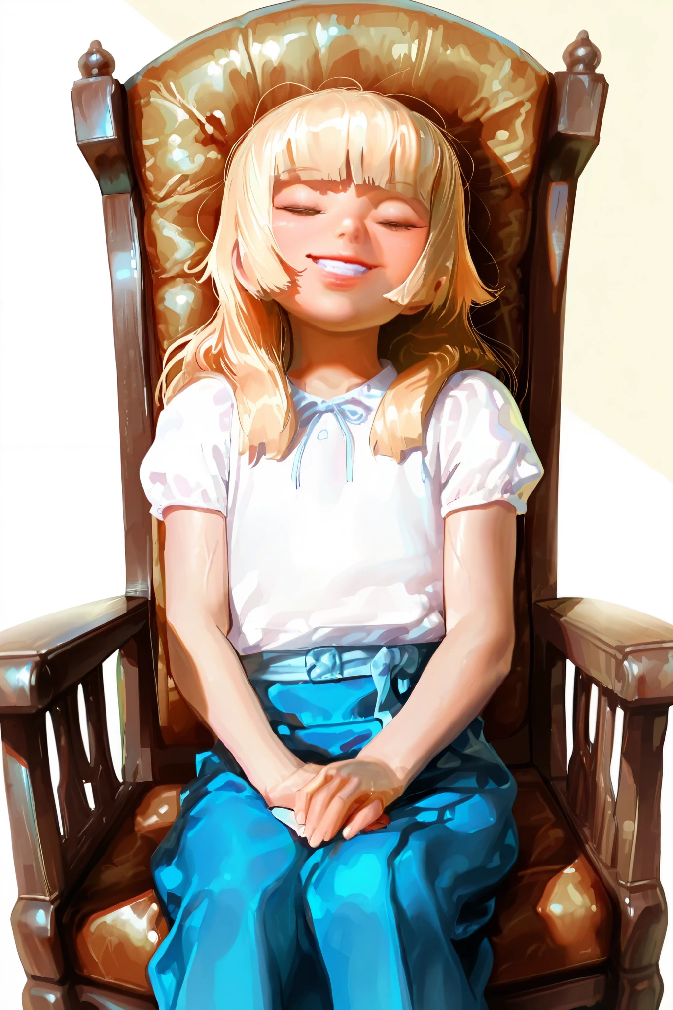 HDR, 8K, high contrast, masterpiece, best quality, amazing quality, very aesthetic, anime artstyle, realistic, hentai art, newest, (artist:incase:0.5), (artist:tsuaii:0.5) , BornStyle, Sungmoo,
BREAK
bounce light, hyperdetailed, veins, detailed hair strands, detailed fibers,
1girl, flat chest,hime cut,blonde hair,white shirt, blue skirt, sitting in chair, dramatic lighting, sitting on chair, hands in lap, cute, wide smile, closed eyes