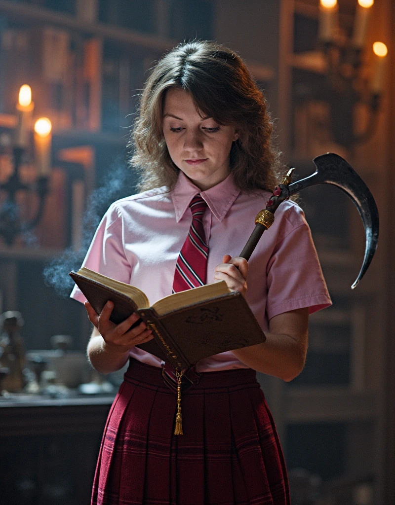 A Glitch-Art style, Mysterious Transfer Student, Harry Potter in Hogwarts library, reading a magical book, ((( school uniform, red tie, Short sleeve pink collar shirt))), (red plaid pleated pent, :1.37), holds an ancient scythe, military waist pouch, spells in the air, vibrant and dramatic colors, warm lighting, magical atmosphere, swirling spell effects, cozy candle-lit background with ancient tomes and parchment, enchanted artifacts scattered around, detailed medieval attire, ultra-detailed, HD, high depth cinematic masterpiece.