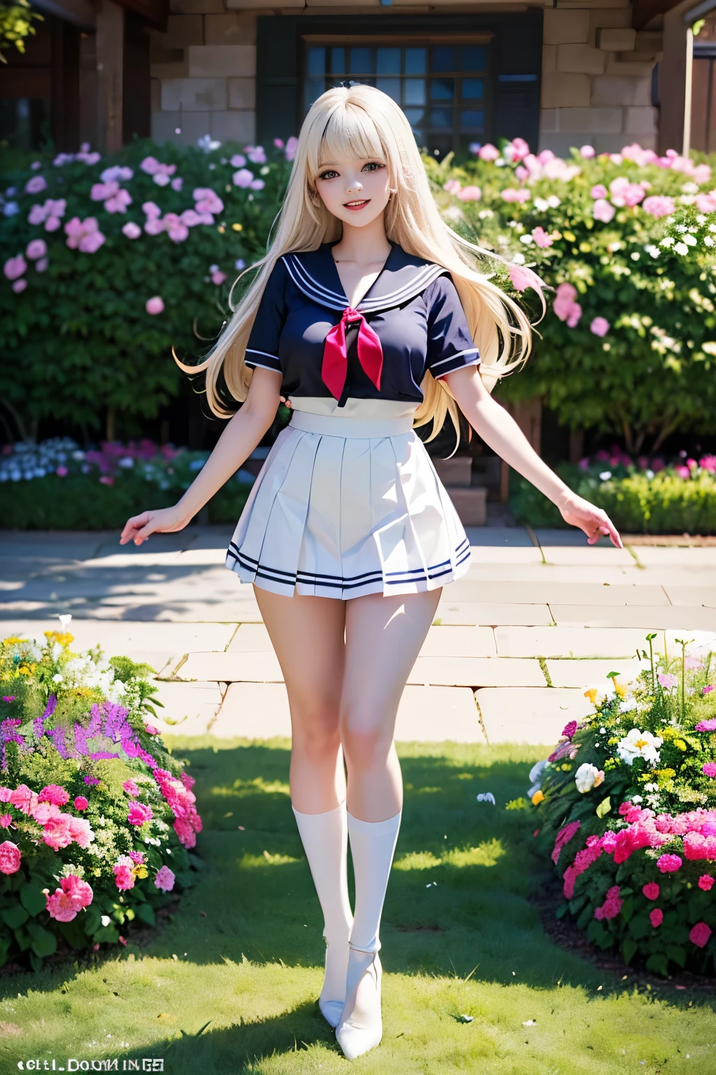 Full Body Shot, daytime, masterpiece, One girl, Solo Exhibitions, Beautiful girl with (Huge breasts:1.2), (Huge erect nipple:1.0), (petite:0.9), Curvy Body, Beautiful (1 Girl:loli:1.5), 12yo, Portrait, Beautiful and elaborate face, Porcelain-like skin, (((Full Body Shot, center, daytime, Platinum Blonde Hair, medium long hair, Bangs)), Very soft lighting, Full Shot, Symmetric, complicated, grace, Attention to detail, realism, art, concept art, White Short sleeves Sailor , white pleated ultra high cut micro skirt, knee-high socks, white with lace trim, white pin high heels, Standing, Smiling to viewer, Spring flower garden