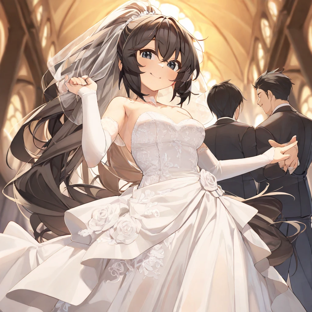 A woman in a wedding dress carrying a pregnant woman while they both run away from an angry mob