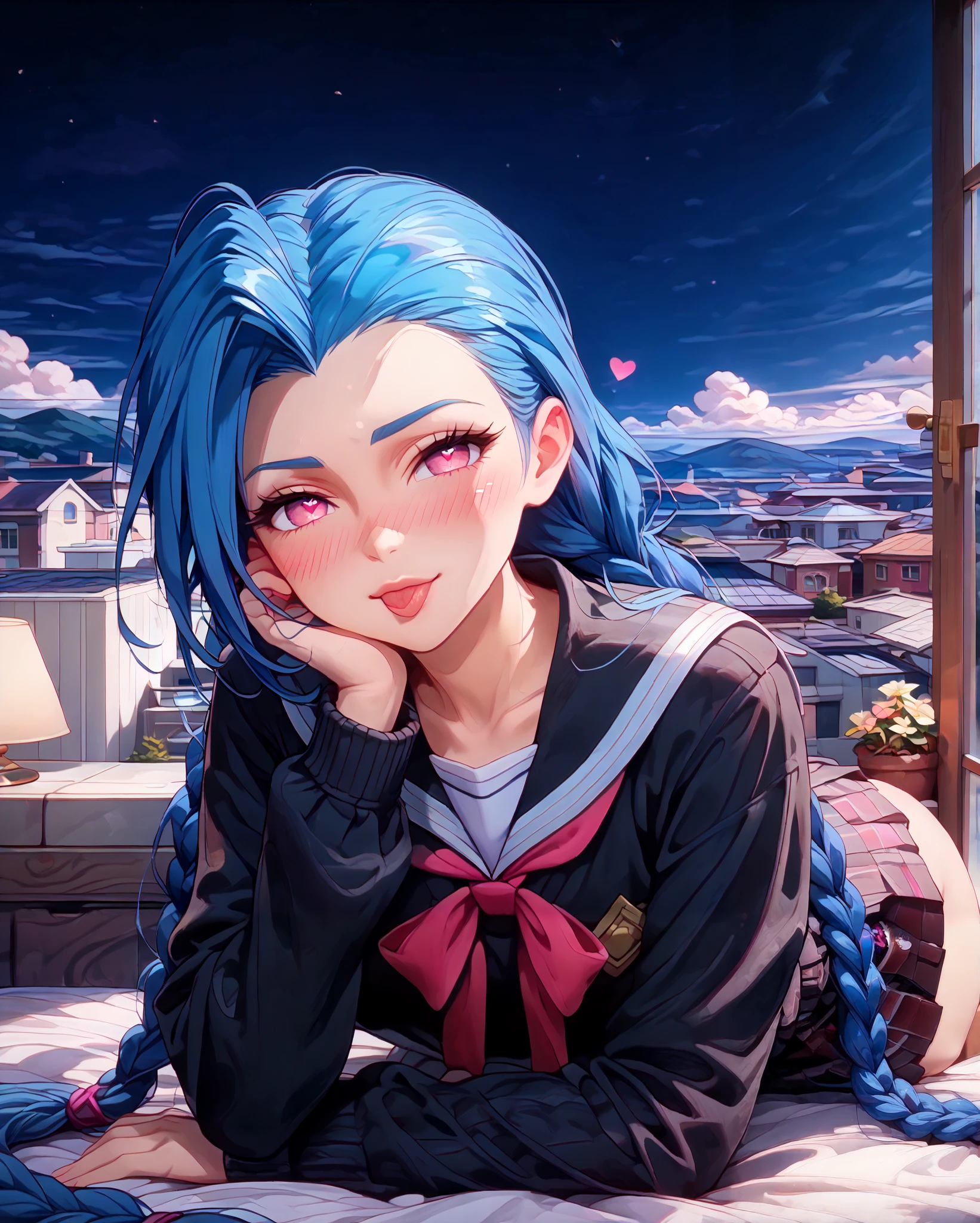 Close-up, Near distance, Score_9, Score_8_up, Score_7_up, Score_6_up, Score_5_up, Score_4_up, Tag1, Tag2, Quality_masterpiece, Absurd res, Anatomically correct, Beautiful face, Perfect face, Highly detailed beautiful face and eyes, Attractive face, Detailed face, Delicate facial features,high detail face, Detailed skin, hyper realistic ,high definition detail, Amazing work , wallpaper, screencap, masterpiece, high resolution, best quality ,8k ( Jinx from league ) (Blue Hair) (Black clothes) (pink eyes) (long hair) (school girl uniform) braided hair, 1girl, look at you, look of disinterest, room, rooftop, midnight, , blushing, ebarrasing, alone, high purity eyes, kissing , look of disinterest, thinking, look at you, mature, look of empowerment, (love blush:1.5) half closed eyes, serious, stroking with her own hair, full body,2 arms, 2 fingers, heart eyes, sticking out tongue