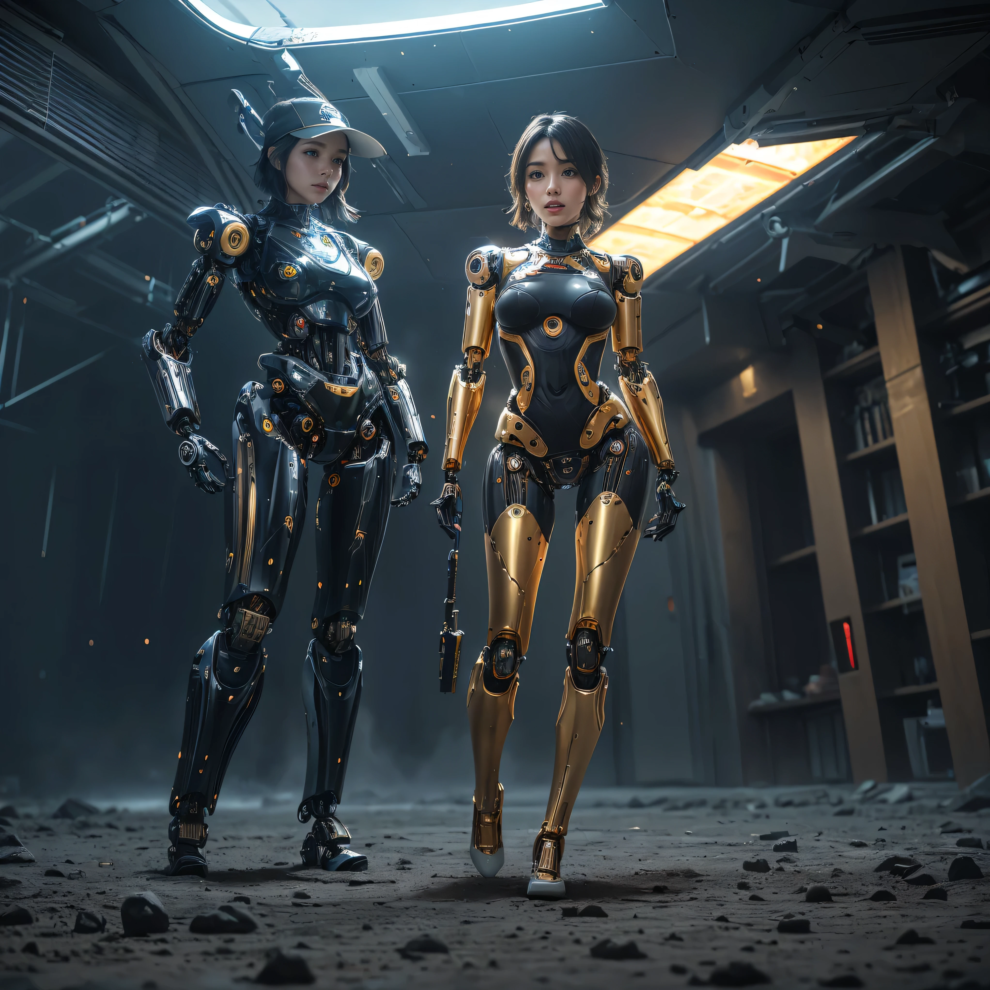 intelligent bionic robot, 2 women’s heads, woman, cyborg robot parts, microchip, Bright studio, hyperrealism, high detail on the face, delicate details, soft writing, rimlight, Rendered by Octane, Unreal Engine 5 rendering, Mechanical Public Enemy Style, 16k, best image quality, TESTIFIES, white balance on the lunar surface, High key lighting, for a soft and graceful atmosphere, Ultra A High Resolution, Big Breasts Machine, cyberpunk, ((((flying)))), In production, Battle Angel Alita, ((((big smile)))), ((((wide thigh opening with both thin long legs)))), ((((Head of a age kawaii Japanese idol)))), ((((short pixie cut)))), ((((A cyborg with a humanoid precise mechanical robotic pure ultimate pure gold metal most one and only muscular skinny tight body from the neck down)))), (huge metal breast), ((((extremely thinnest mechanical waist)))), ((((precise mechanical robotic arms and hands and super long neck)))), ((((pure gold hair)))), ((((vigorous)))), ((((boyishly)))), ((((full body)))), ((((Ultra hires)))), ((((master piece)))), ((((best quality)))), ((((detailed)))), ((((photo realistic)))), ((((There are several holes in the fuselage that were drilled by gun fire))))