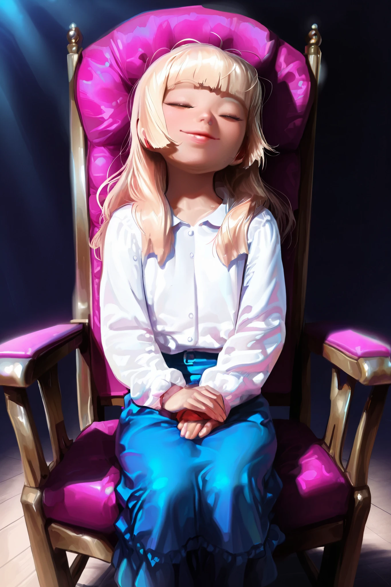 HDR, 8K, high contrast, masterpiece, best quality, amazing quality, very aesthetic, anime artstyle, realistic, hentai art, newest, (artist:incase:0.5), (artist:tsuaii:0.5) , BornStyle, Sungmoo,
BREAK
bounce light, hyperdetailed, veins, detailed hair strands, detailed fibers,
1girl, flat chest,hime cut,blonde hair,white shirt, blue skirt, sitting in chair, dramatic lighting, sitting on chair, hands in lap, cute, wide smile, closed eyes, dramatic lighting, slanted sunlight, high contrast