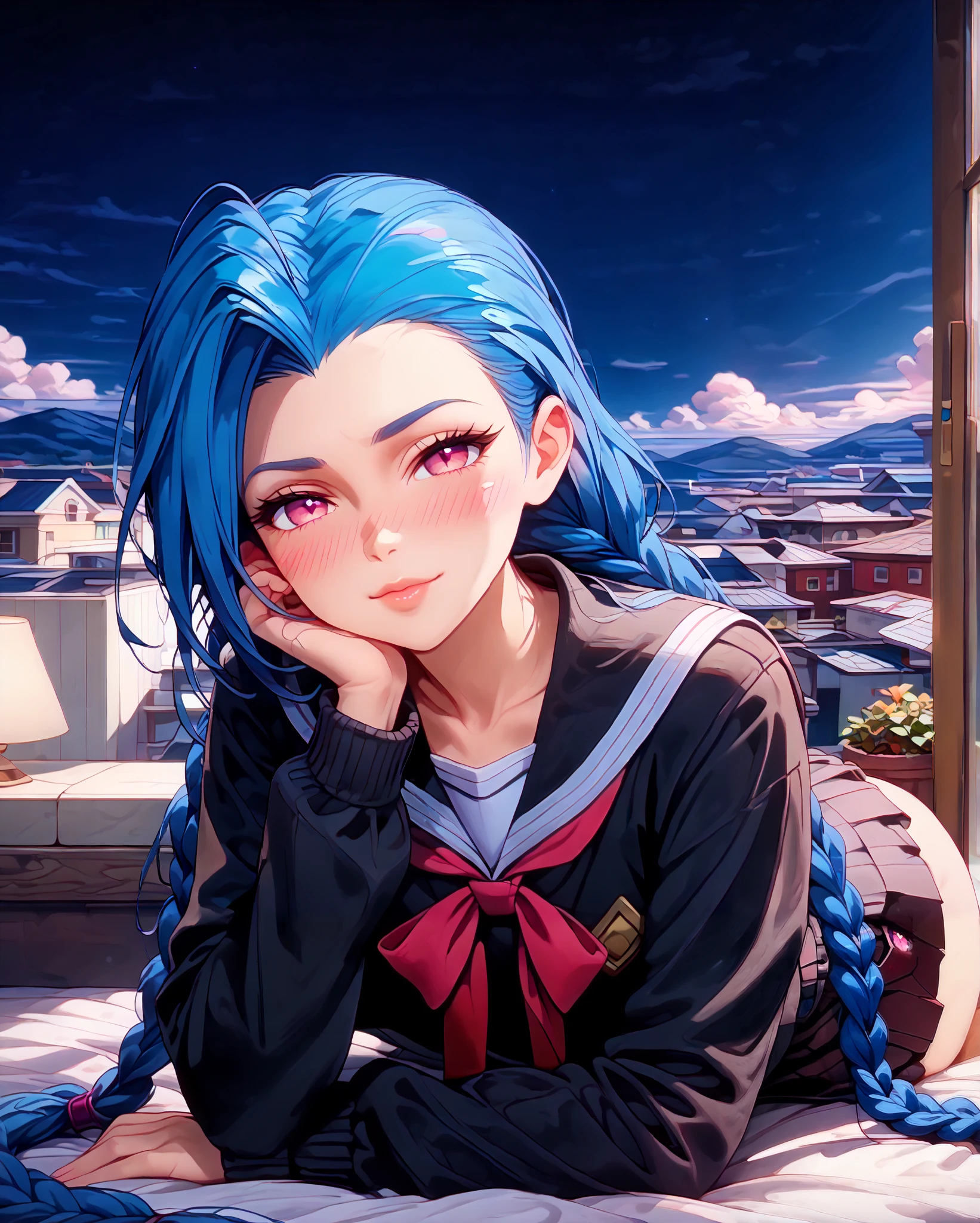 Close-up, Near distance, Score_9, Score_8_up, Score_7_up, Score_6_up, Score_5_up, Score_4_up, Tag1, Tag2, Quality_masterpiece, Absurd res, Anatomically correct, Beautiful face, Perfect face, Highly detailed beautiful face and eyes, Attractive face, Detailed face, Delicate facial features,high detail face, Detailed skin, hyper realistic ,high definition detail, Amazing work , wallpaper, screencap, masterpiece, high resolution, best quality ,8k ( Jinx from league ) (Blue Hair) (Black clothes) (pink eyes) (long hair) (school girl uniform) braided hair, 1girl, look at you, look of disinterest, room, rooftop, midnight, , blushing, ebarrasing, alone, high purity eyes, kissing , look of disinterest, thinking, look at you, mature, look of empowerment, (love blush:1.5) half closed eyes, serious, stroking with her own hair, full body,2 arms, 2 fingers
