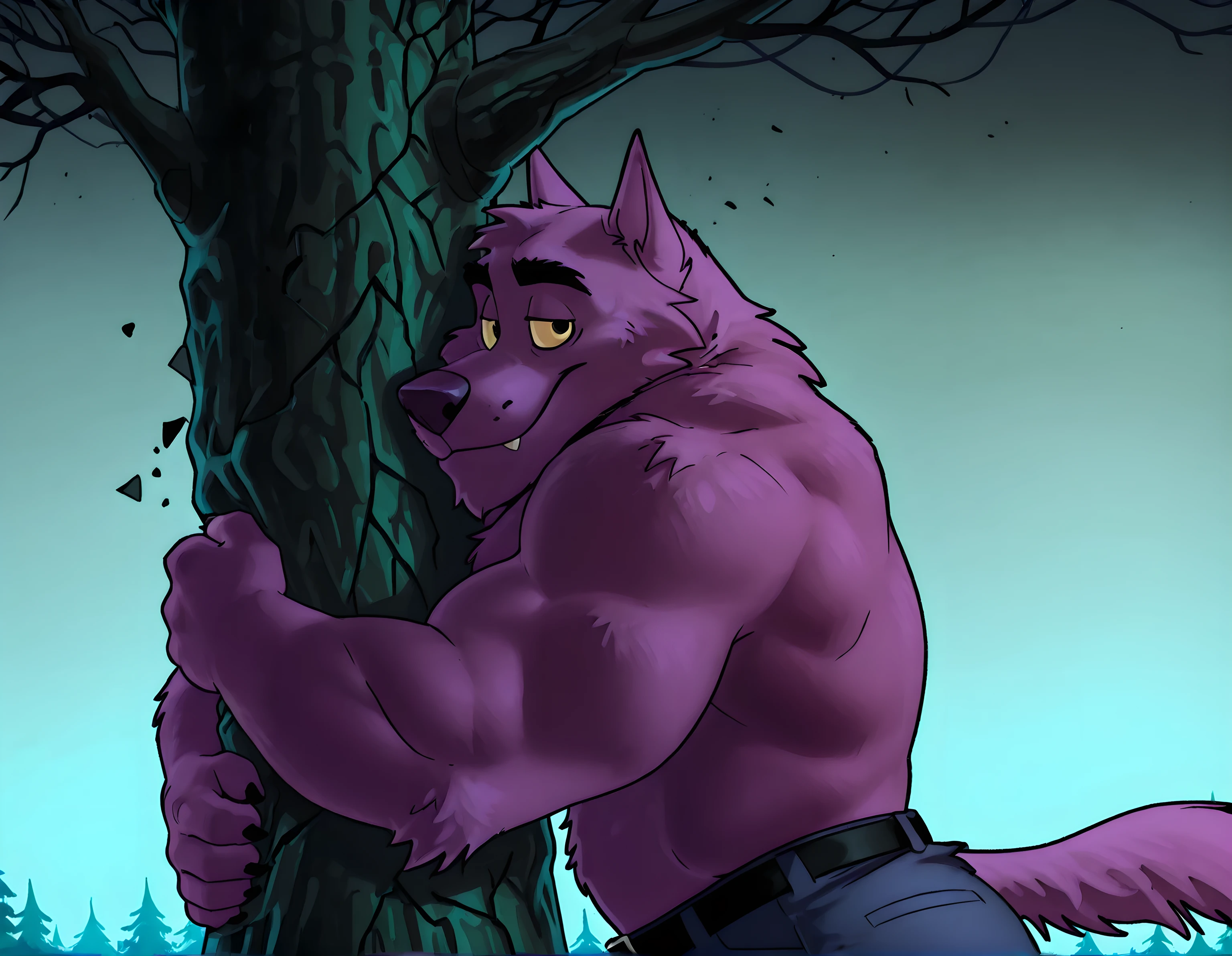 Bernard, Bernard_Mettle, werewolf, purple fur, yellow sclera, furry chest, muscular, proud, strong, night background, dark forest, (black forest, black sky), scary forest, half body, by anhes, looking at viewer, (eyes half closed), big body, solo, shirtless, ((hugging a tree tightly, tree breaking from hug)), bulging arms, t4r4nf1dd13r, thick arms, side view, black belt, dark blue pants,