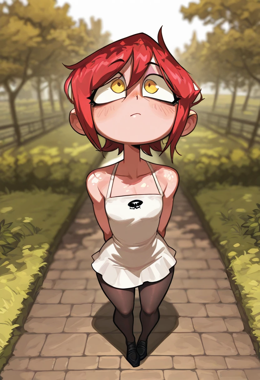 Small breats, slim hip, tight waist, Stroll, at a park, in the midst of defecating, her legs are spread out