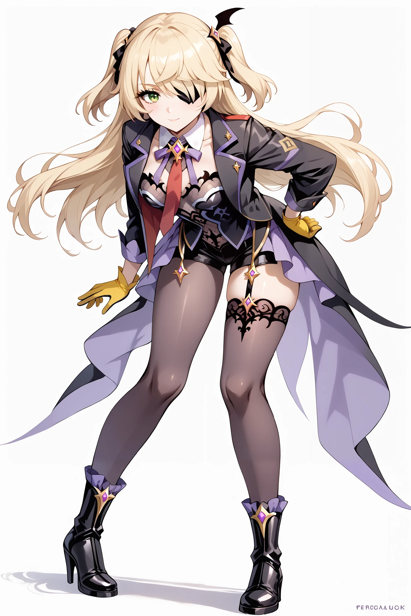 score_9, score_8_up, score_7_up, source_anime, 4K,perfect fingers,(perfect hands, perfect anatomy),prefect lighting, very aesthetic, intricate details,highly detailed background, masterpiece, high quality, best quality,
1girl,solo, fischl, fischl, long hair, bangs, blonde hair, ribbon, green eyes, hair ribbon, hair over one eye, two side up, eyepatch, large breasts,,
wearing ((She is wearing a black jacket over a white collared shirt with a red tie and a design on the chest. The jacket has gold trim and details, paired with short, black shorts. She is wearing black opaque tights and black heeled boots with wide, metallic buckles. There are gold-colored details on her shorts. She has golden-yellow gloves,)),
((White plain background:1.5)) , Her facial expression is neutral, but not necessarily conveying a specific emotion. She is seated in a casual, relaxed posture, slightly leaning forward. She is holding a brown-colored long gun-like weapon. Her posture suggests a relaxed and comfortable stance.