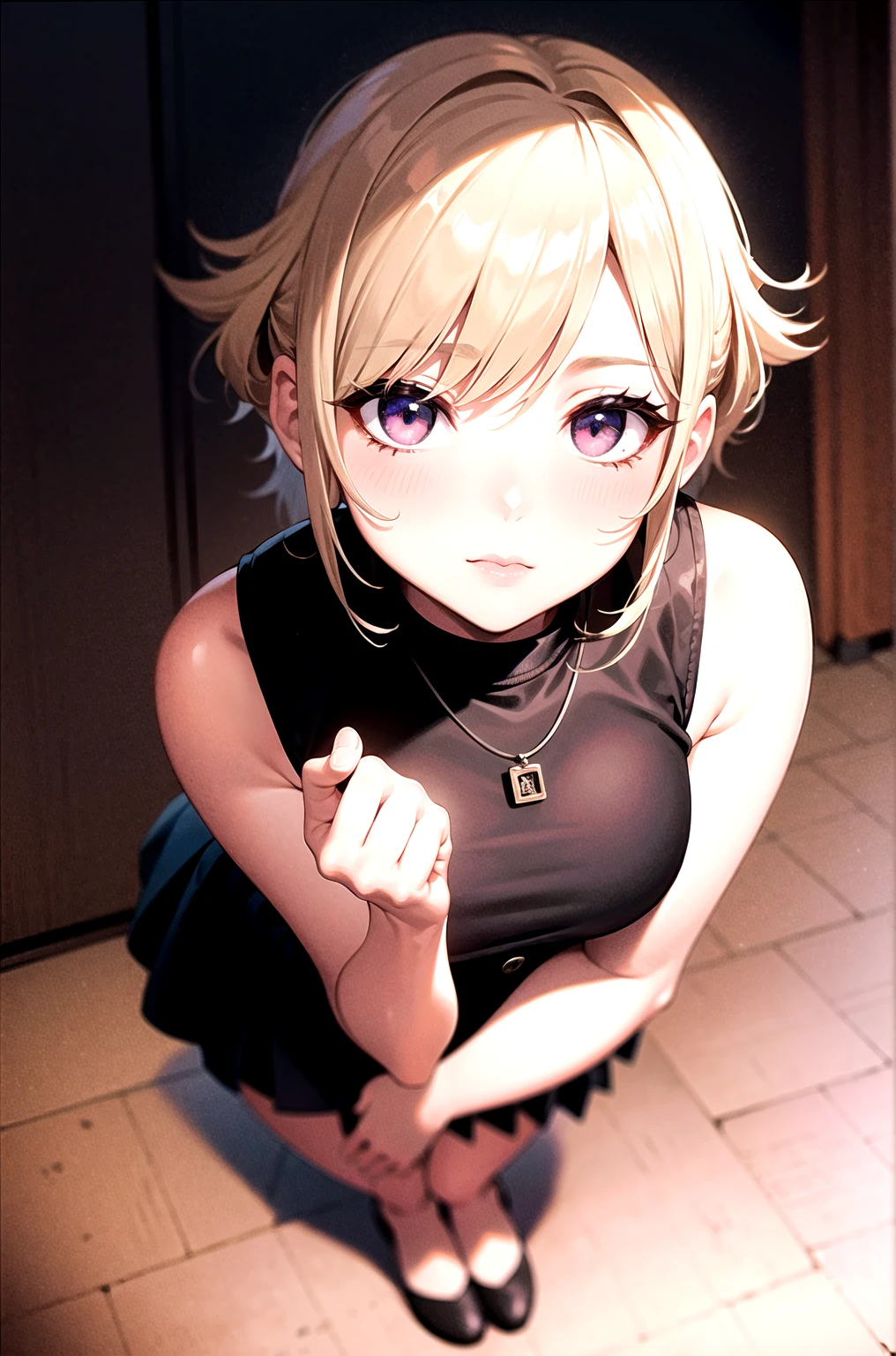 masterpiece, absurdres, best quality, ultra detailed, high Resolution, detailed illustration, bright colour, (extremely beautiful detailed face and eyes, Delicate beautiful face, 1 girl, 18yo, cute face:1.3), (magenta eyes:1.1), sparkling eyes, big eyes, (medium breasts:1.3), (perky breasts:1.1), (pointy breasts:1.1), medium hips, glamorous body, white skin, BREAK, (blonde hair:0.8), messy hair, detailed hair, shiny hair, BREAK (sweatshirt, Torn black stockings:1.3), perfect lighting, (ecstasy, vulgarity:1.5), (embarrassed:1.3),