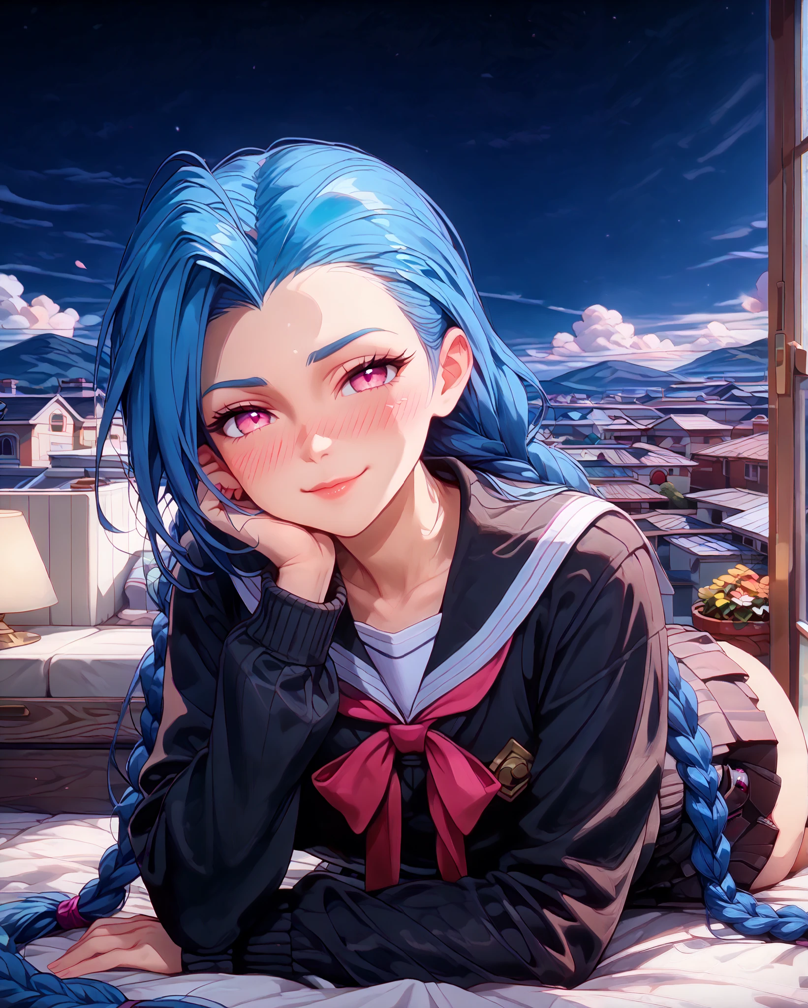 Close-up, Near distance, Score_9, Score_8_up, Score_7_up, Score_6_up, Score_5_up, Score_4_up, Tag1, Tag2, Quality_masterpiece, Absurd res, Anatomically correct, Beautiful face, Perfect face, Highly detailed beautiful face and eyes, Attractive face, Detailed face, Delicate facial features,high detail face, Detailed skin, hyper realistic ,high definition detail, Amazing work , wallpaper, screencap, masterpiece, high resolution, best quality ,8k ( Jinx from league ) (Blue Hair) (Black clothes) (pink eyes) (long hair) (school girl uniform) braided hair, 1girl, look at you, look of disinterest, room, rooftop, midnight, , blushing, ebarrasing, alone, high purity eyes, kissing , look of disinterest, thinking, look at you, mature, look of empowerment, (love blush:1.5) half closed eyes, serious, stroking with her own hair, full body,2 arms, 2 fingers, lewd smile