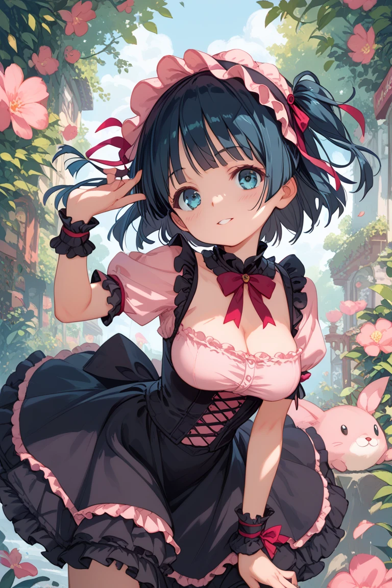{{{masterpiece,best quality,official art,extremely detailed CG unity 8k wallpaper}}}, day, huge_filesize, hair over shoulder, black hair, crossed bangs, bangs, hair bow, hair ornament, light smile, cute face, aqua eyes, sparkling eyes, eyeshadow, large breasts, cleavage dress, thighhighs, black garter straps, uwabaki, fingersmile, sun,{{{girl}}},