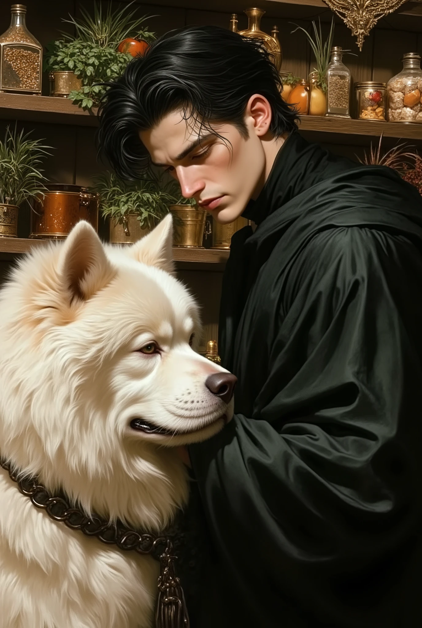 ((fullbody))in jc leyendecker and paul cadmus art style, "the healer", fullbody, close up big white Chow Chow dog, perfect anatomy, the merchant, shelves with HERBS, FRUITS, LITTLE BOXES, VEGETABLES, GRAINS, DUMBBELLS , reach intricate background LARGE WINDOWS TO SEE THE GARDEN, realism close up portrait, oil painting, masterpiece, shadows, expert, insanely detailed, 4k resolution, caravaggio, john william waterhouse, By Caravaggio colours, chiaroscuro, mtg, dnd, fantasy, Watercolor, trending on artstation, sharp focus, studio photo, intricate details, highly detailed, by greg rutkowski. Young wizard man, Handsome, sexy in a jet black outfit, tunic style that leaves your abdomen exposed. black, straight, Curtain Mullet hair