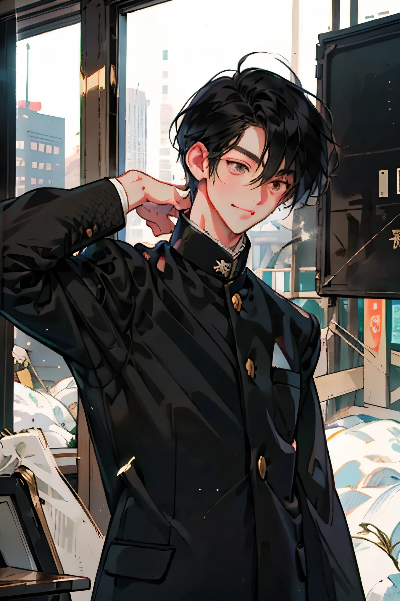  Japanese man 　　handsome　 short dark hair  　mature　short cropped 　　smile　The black Gakuran jacket has a black padded collar　　　　5 gold buttons on jacket　　　In a bright classroom 　outside the window is a group of snowy futuristic urban skyscrapers
