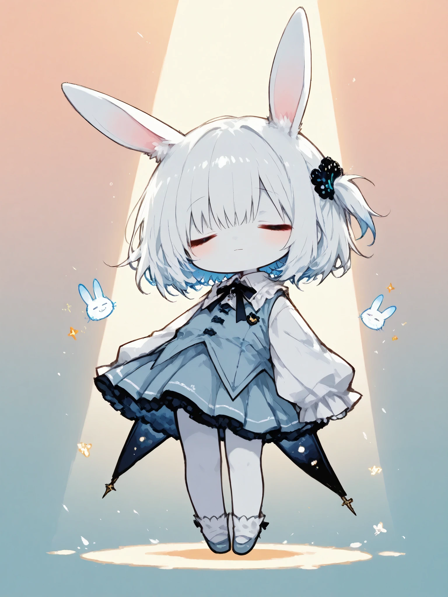 illustration, best quality, dramatic lighting,trk, 1chibi character\(short hair, bunny ears, closed eyes,white skin,peaceful expression,hzk,solo,gentle glow, gradient background, gray and soft blue and soft pink,best quality,magical realism style