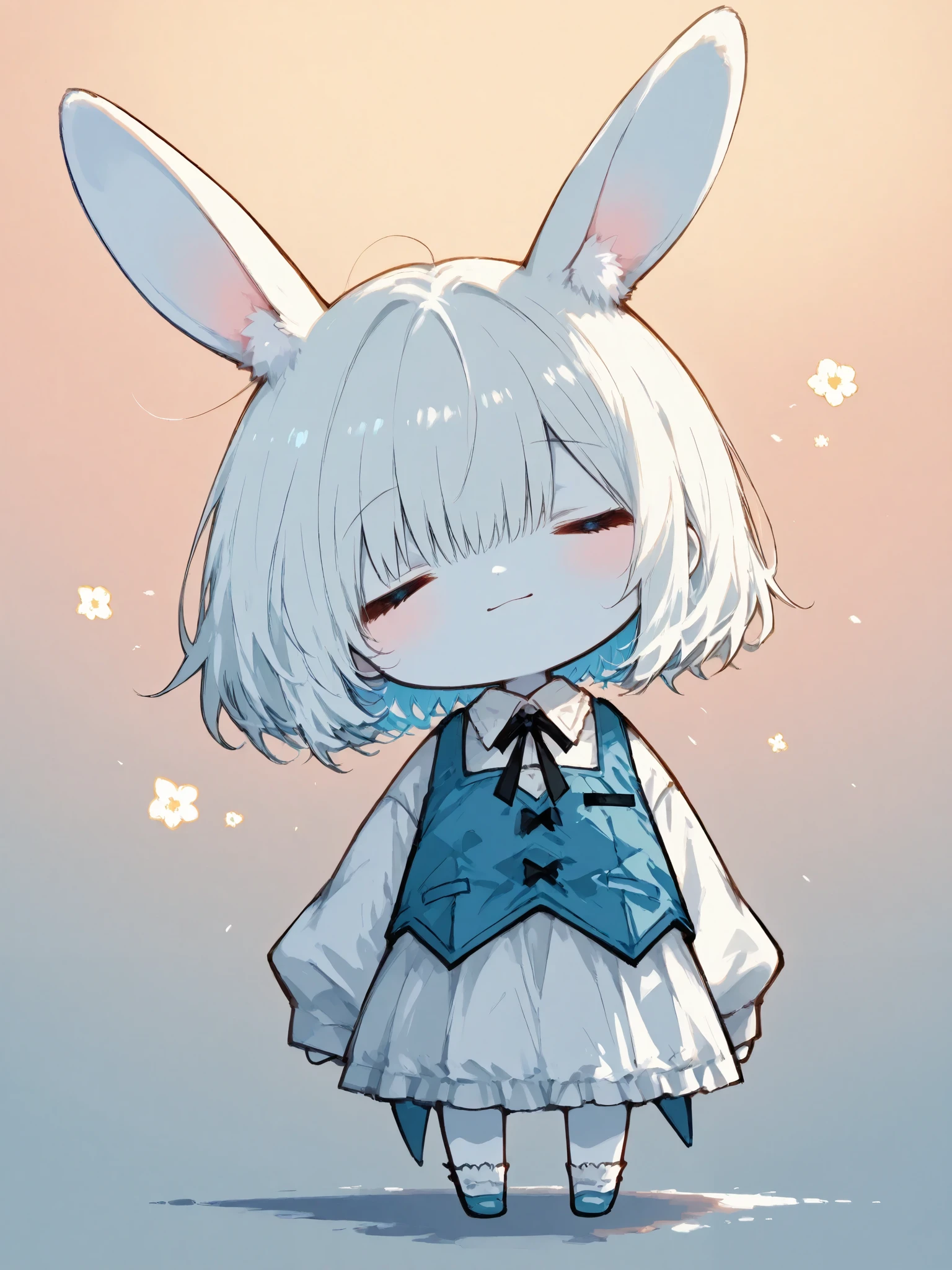 illustration, best quality, dramatic lighting,trk, 1chibi character\(short hair, bunny ears, closed eyes,white skin,peaceful expression,hzk,solo,gentle glow, gradient background, gray and soft blue and soft pink,best quality,magical realism style