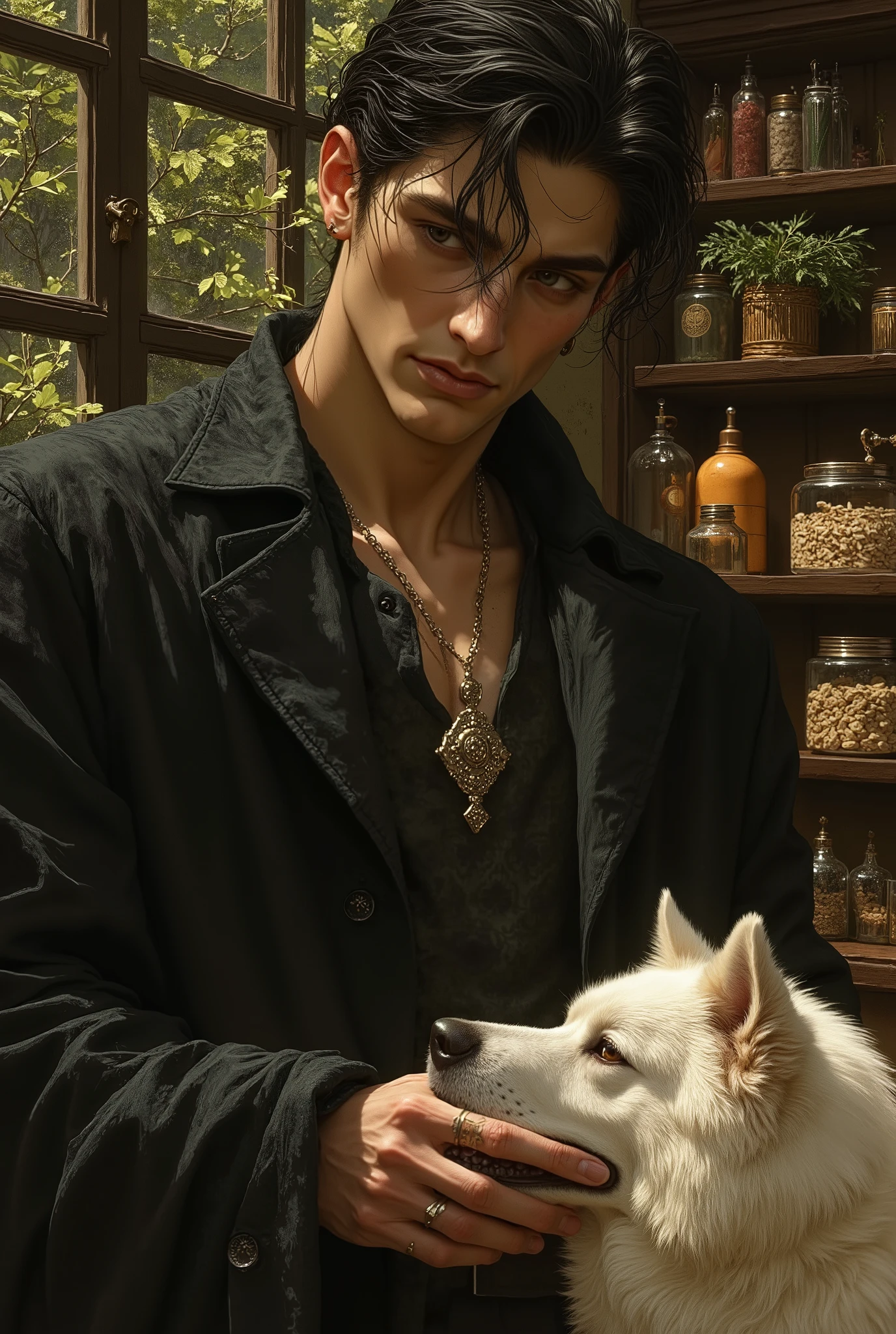 ((fullbody))in jc leyendecker and paul cadmus art style, "the healer", fullbody, close up big white Chow Chow dog, perfect anatomy, the merchant, shelves with HERBS, FRUITS, LITTLE BOXES, VEGETABLES, GRAINS, DUMBBELLS , reach intricate background LARGE WINDOWS TO SEE THE GARDEN, realism close up portrait, oil painting, masterpiece, shadows, expert, insanely detailed, 4k resolution, caravaggio, john william waterhouse, By Caravaggio colours, chiaroscuro, mtg, dnd, fantasy, Watercolor, trending on artstation, sharp focus, studio photo, intricate details, highly detailed, by greg rutkowski. Young wizard man, Handsome, sexy in a jet black outfit, tunic style that leaves your abdomen exposed. black, straight, Curtain Mullet hair