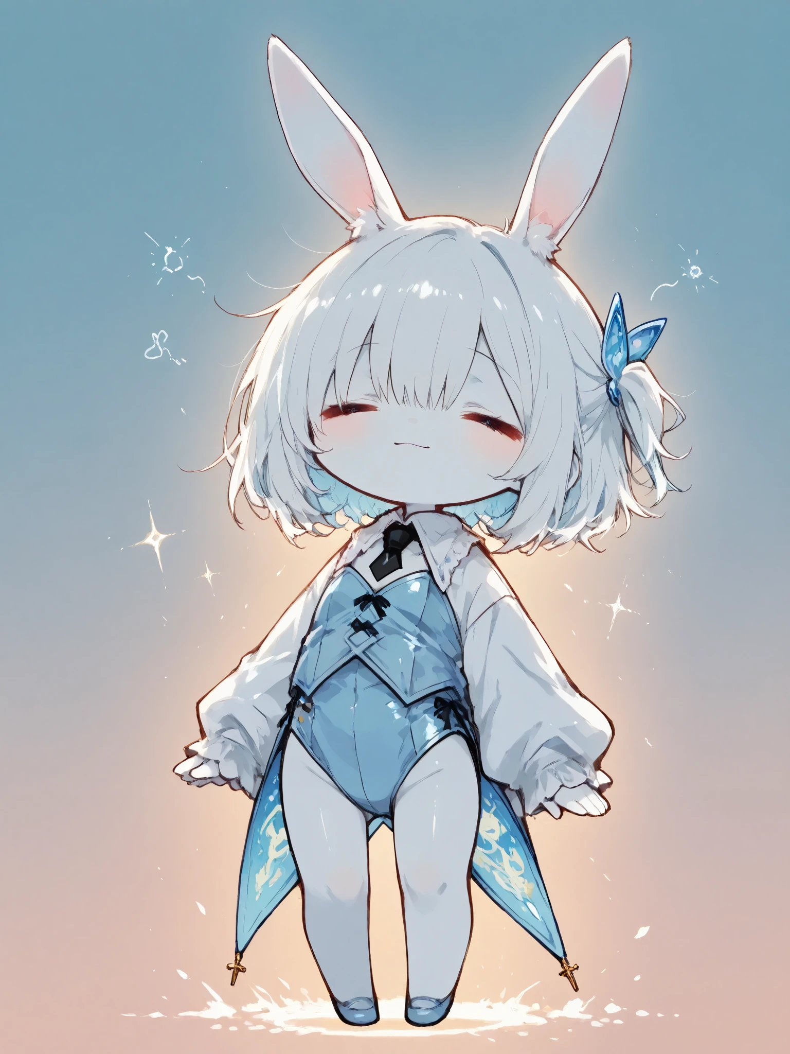illustration, best quality, dramatic lighting,trk, 1chibi character\(short hair, bunny ears, closed eyes,white skin,peaceful expression,hzk,solo,gentle glow, gradient background, gray and soft blue and soft pink,best quality,magical realism style
