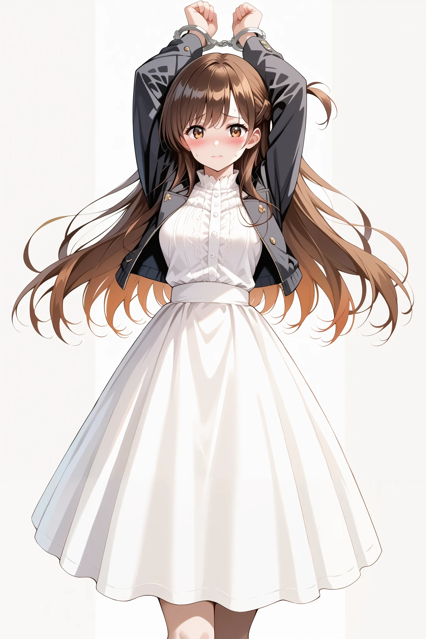 score_9, score_8_up, score_7_up, source_anime, 4K,perfect fingers,(perfect hands, perfect anatomy),prefect lighting, very aesthetic, intricate details,highly detailed background, masterpiece, high quality, best quality,
1girl,solo,chizuruichinose, chizuru ichinose, long hair, bangs, brown hair, brown eyes, one side up, ,large breast,
wearing ((black jacket, )),,
((fullbody)), long legs,perfect fingers,((arms up wearing handcuffs:1.5)),((white plain background)),looking at viewers,((front look:1,5)), (blush, embarrassed, orgasm : 1.2), sweating,
