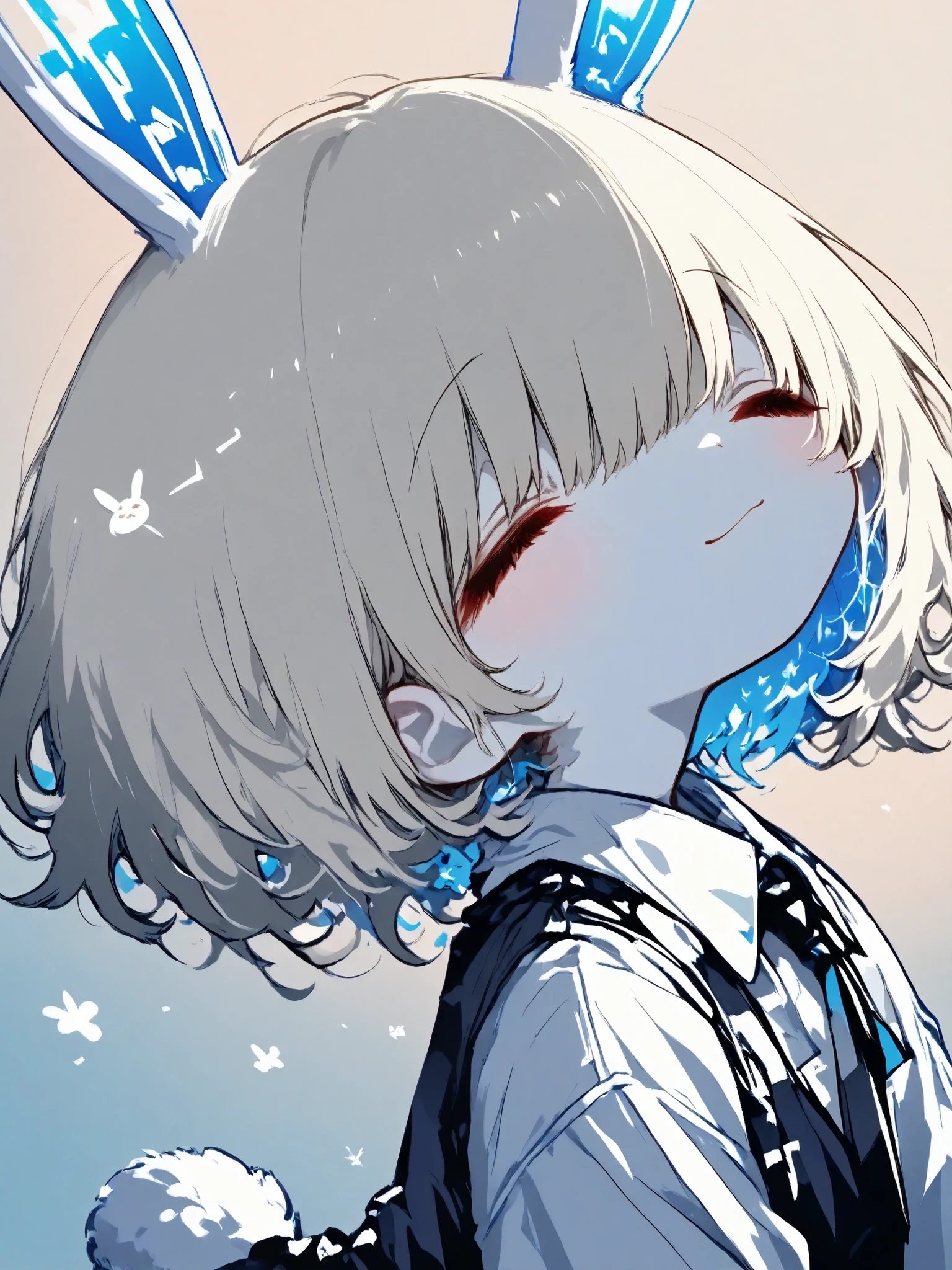 illustration, best quality, dramatic lighting,trk, 1chibi character\(short hair, bunny ears, closed eyes,white skin,peaceful expression,hzk,solo,gentle glow, gradient background, gray and soft blue and soft pink,best quality,magical realism style