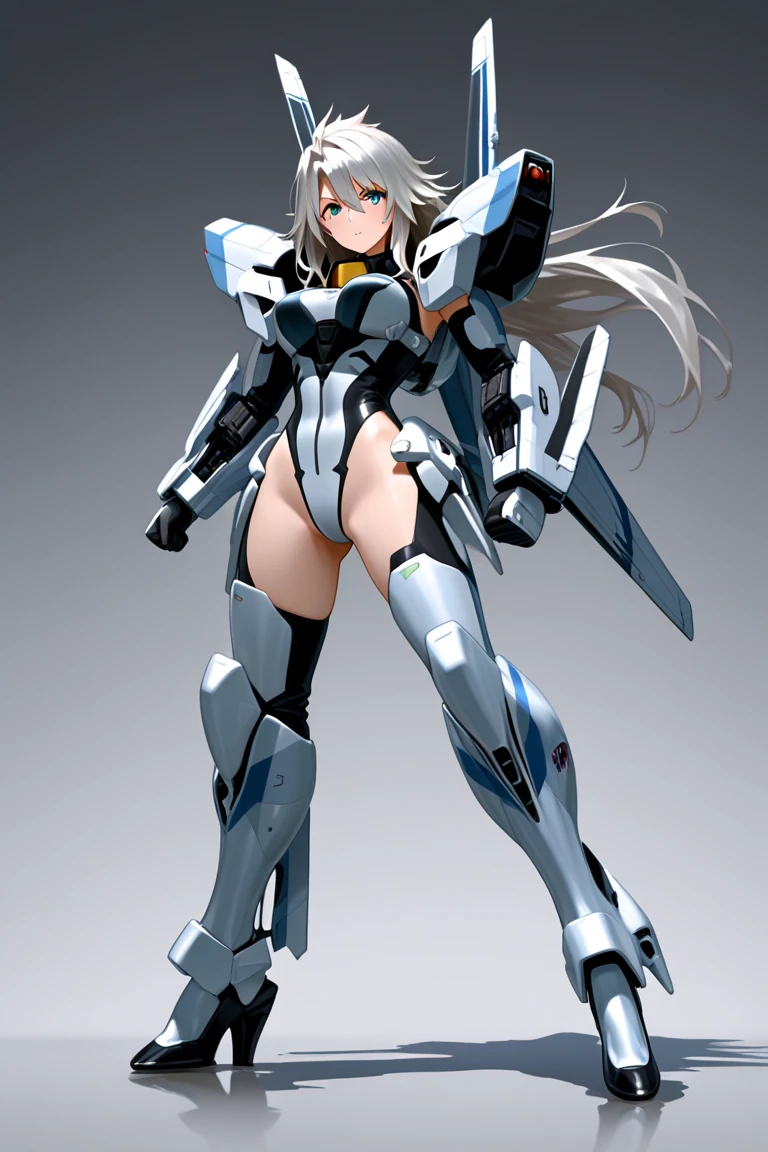 White long hair mecha girl,White armor,Cybernetic wing Mechanical wing,briefs,Thin legs,high heels,frontal pose,Cyberpunk city