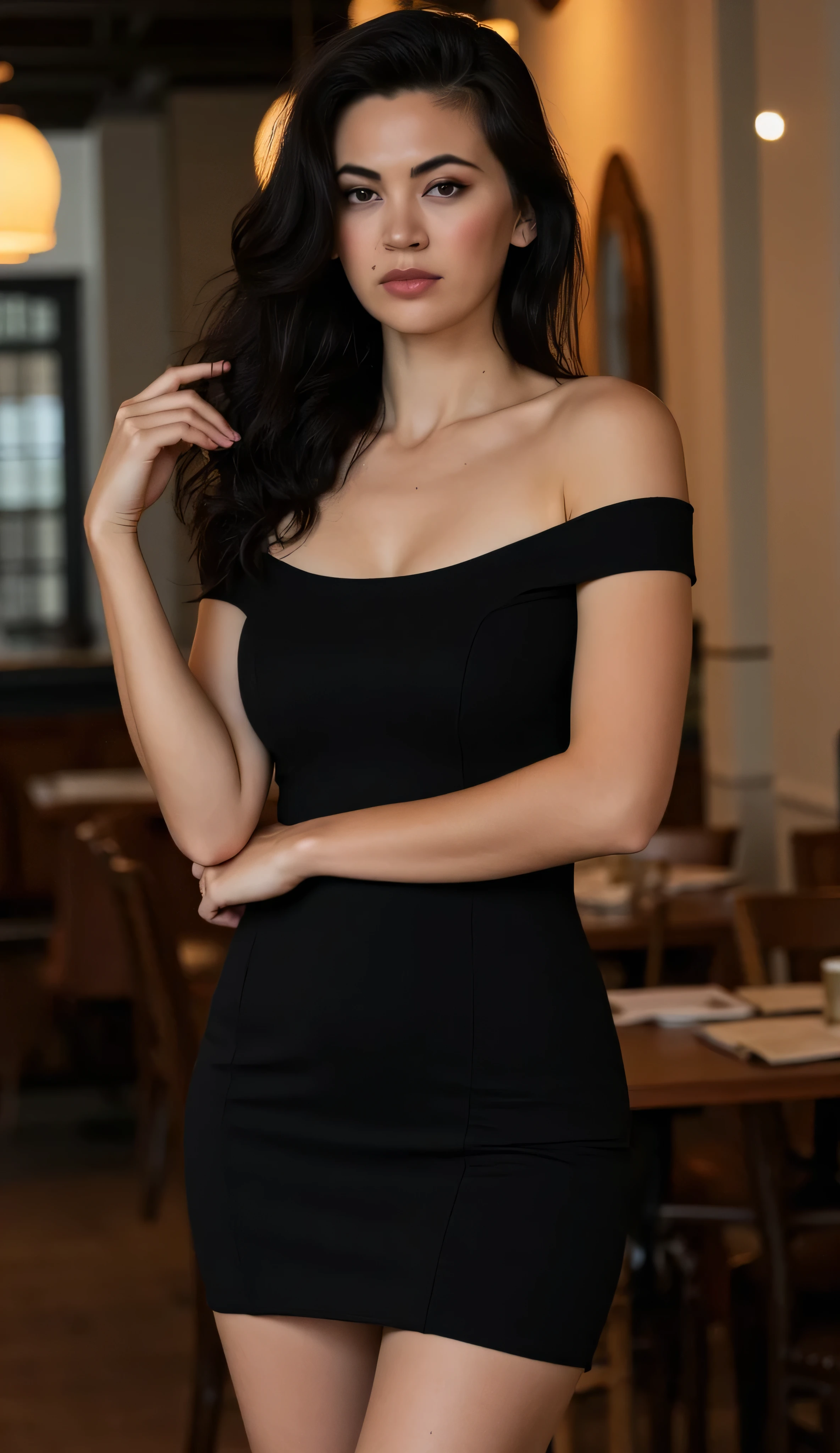beautiful photograph of a woman, black hair cascading over her shoulder, boatneck short dress, standing, in a cafe, looking at the viewer, seductive