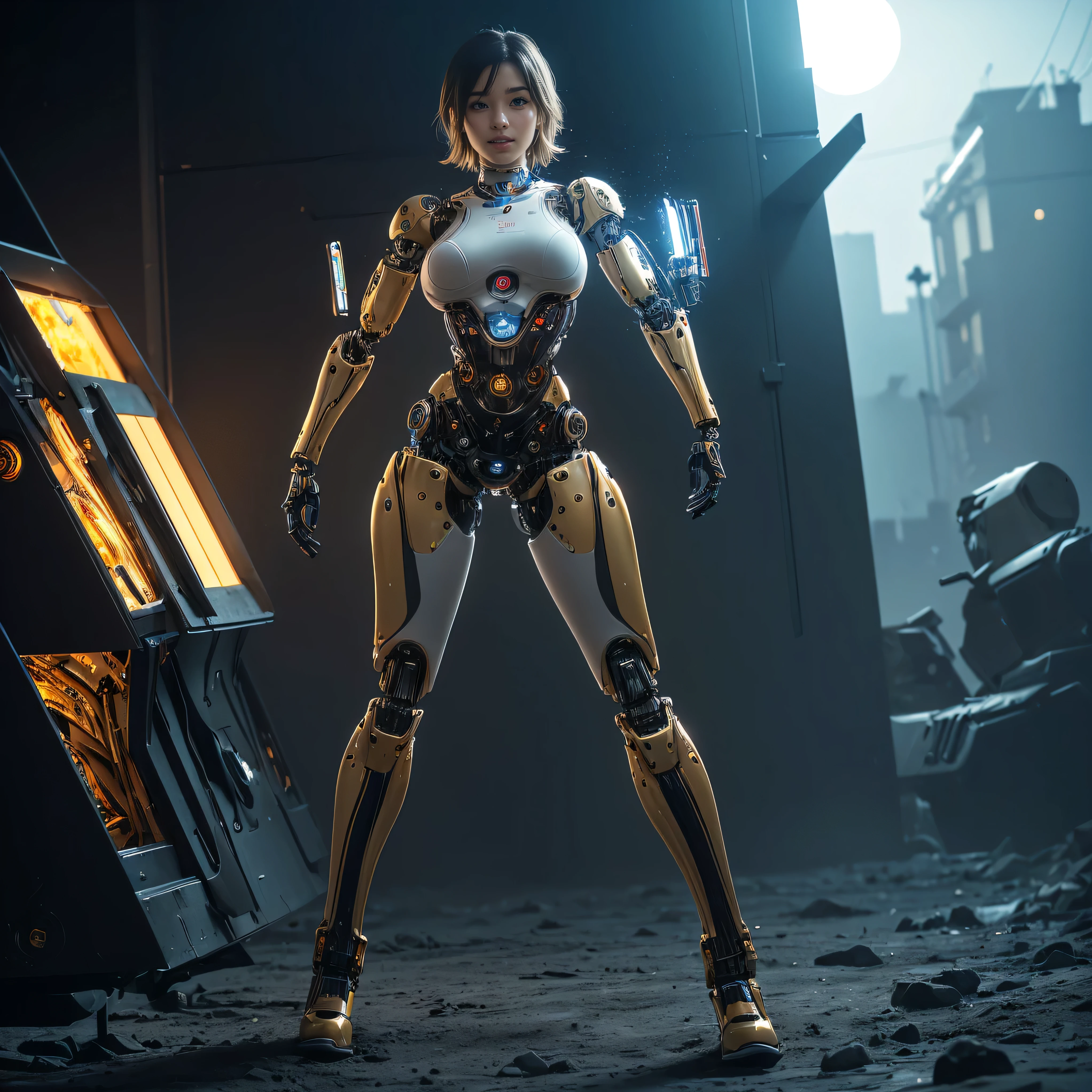 intelligent bionic robot, 2 women’s heads, woman, cyborg robot parts, microchip, Bright studio, hyperrealism, high detail on the face, delicate details, soft writing, rimlight, Rendered by Octane, Unreal Engine 5 rendering, Mechanical Public Enemy Style, 16k, best image quality, TESTIFIES, white balance on the lunar surface, High key lighting, for a soft and graceful atmosphere, Ultra A High Resolution, Big Breasts Machine, cyberpunk, ((((flying)))), In production, Battle Angel Alita, ((((big smile)))), ((((wide thigh opening with both thin long legs)))), ((((Head of a age kawaii Japanese idol)))), ((((short pixie cut)))), ((((A cyborg with a humanoid precise mechanical robotic pure ultimate pure gold metal most one and only muscular skinny tight body from the neck down)))), (huge metal breast), ((((extremely thinnest mechanical waist)))), ((((precise mechanical robotic arms and hands and super long neck)))), ((((pure gold hair)))), ((((vigorous)))), ((((boyishly)))), ((((full body)))), ((((Ultra hires)))), ((((master piece)))), ((((best quality)))), ((((detailed)))), ((((photo realistic)))), ((((There are several holes in the fuselage that were drilled by gun fire))))