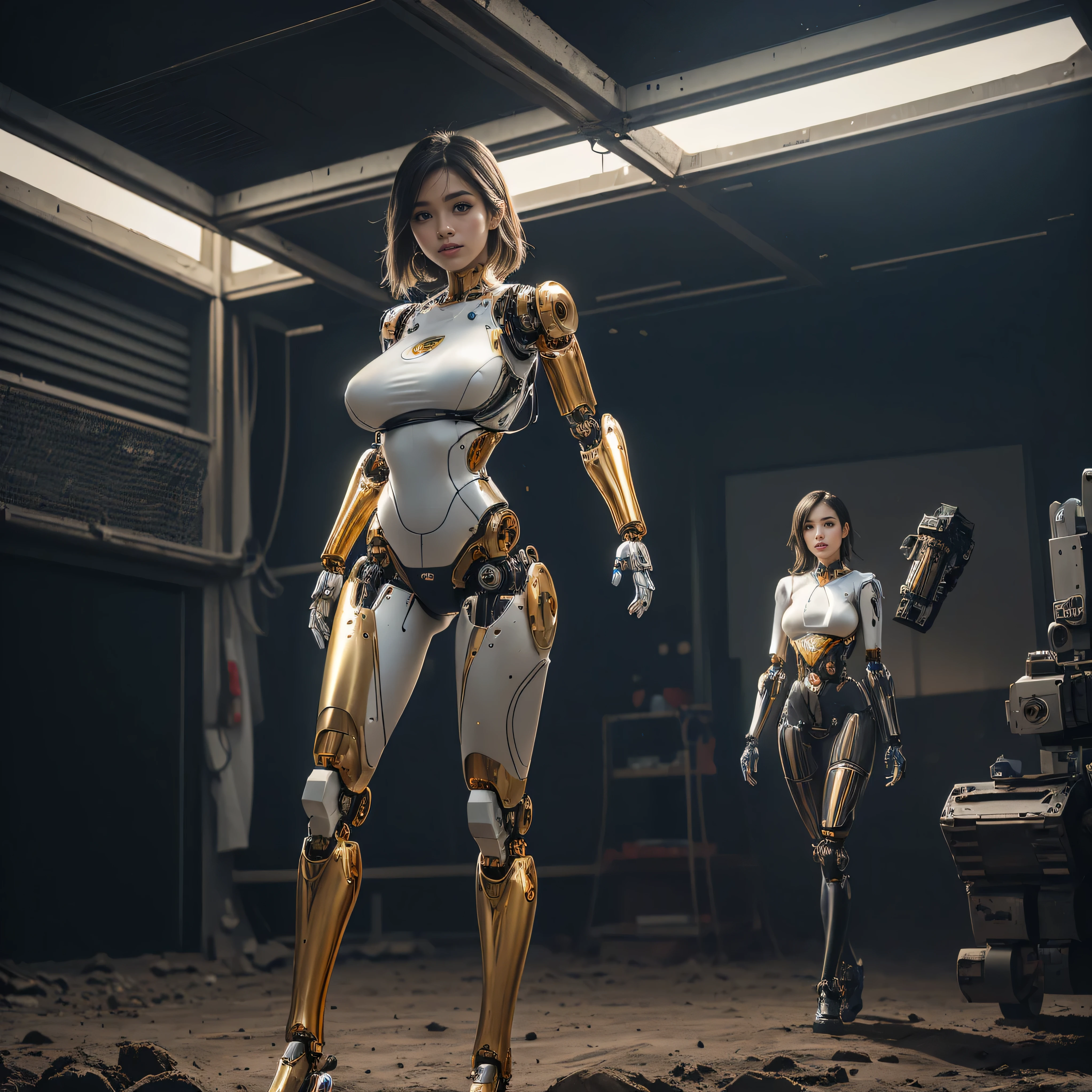 intelligent bionic robot, 2 women’s heads, woman, cyborg robot parts, microchip, Bright studio, hyperrealism, high detail on the face, delicate details, soft writing, rimlight, Rendered by Octane, Unreal Engine 5 rendering, Mechanical Public Enemy Style, 16k, best image quality, TESTIFIES, white balance on the lunar surface, High key lighting, for a soft and graceful atmosphere, Ultra A High Resolution, Big Breasts Machine, cyberpunk, ((((flying)))), In production, Battle Angel Alita, ((((big smile)))), ((((wide thigh opening with both thin long legs)))), ((((Head of a age kawaii Japanese idol)))), ((((short pixie cut)))), ((((A cyborg with a humanoid precise mechanical robotic pure ultimate pure gold metal most one and only muscular skinny tight body from the neck down)))), (huge metal breast), ((((extremely thinnest mechanical waist)))), ((((precise mechanical robotic arms and hands and super long neck)))), ((((pure gold hair)))), ((((vigorous)))), ((((boyishly)))), ((((full body)))), ((((Ultra hires)))), ((((master piece)))), ((((best quality)))), ((((detailed)))), ((((photo realistic)))), ((((There are several holes in the fuselage that were drilled by gun fire))))
