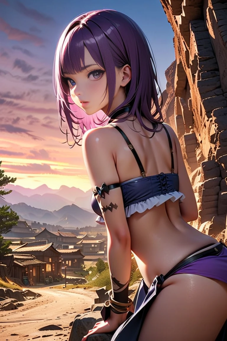 lighting like a movie、top-quality、1 Girl's Back、In the village、embarrassed from、full of sweat、Wear a loincloth、Eyes from below、girl's back、
