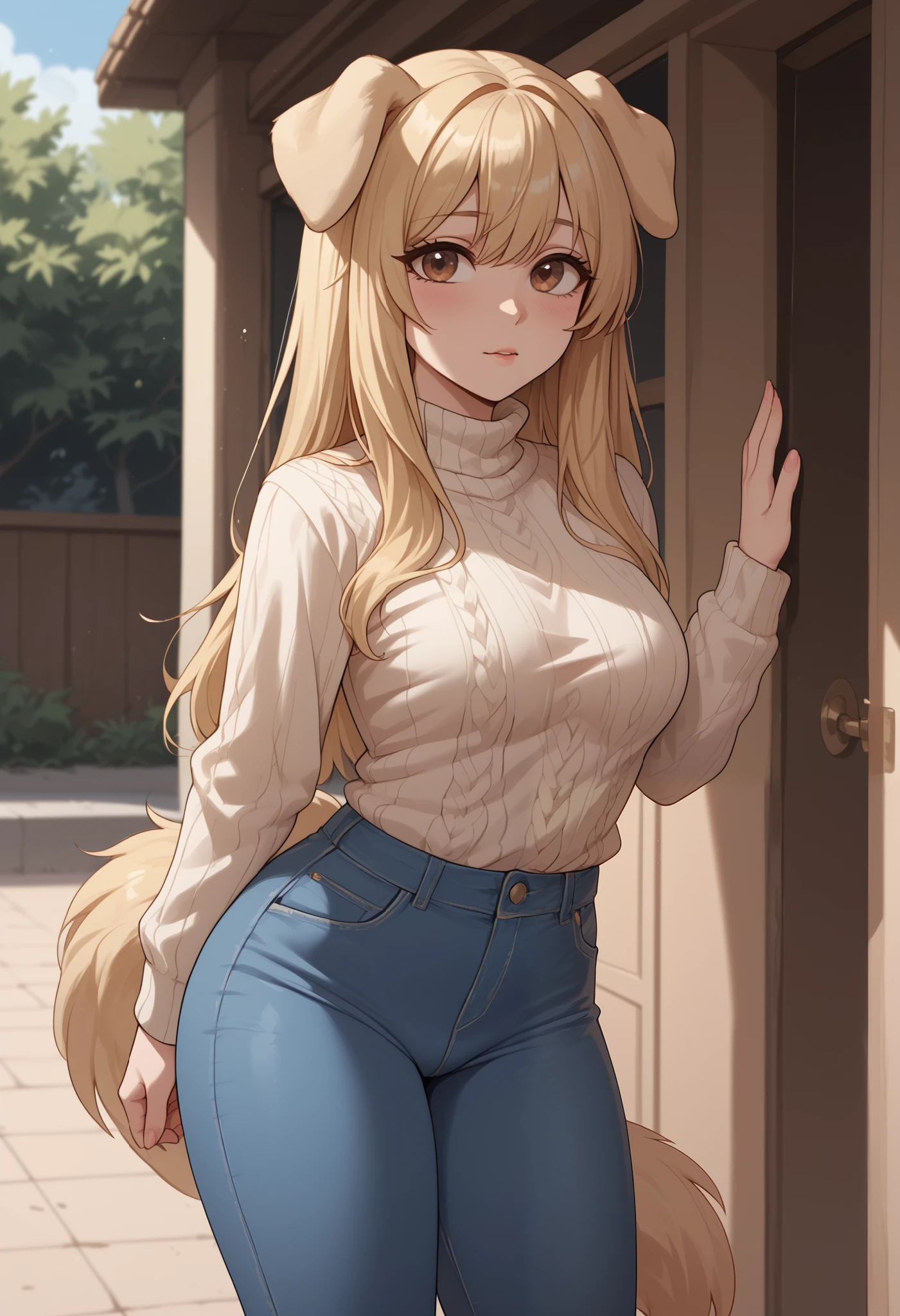 (Masterpiece) (High Detail) (High Res) A short curvy slim Humanoid Futanari canine Shemale with pale human skin and brown eyes and long blonde straight hair and fluffy blonde floppy doggy canine ears and a long fluffy blonde doggy canine tail and medium breasts and a thick cock and balls. She is wearing jeans and a sweater and is in the park and has a large thick down_bulge Futanari Cock Outline in her jeans. She looks shy. Floppy Canine Ears.