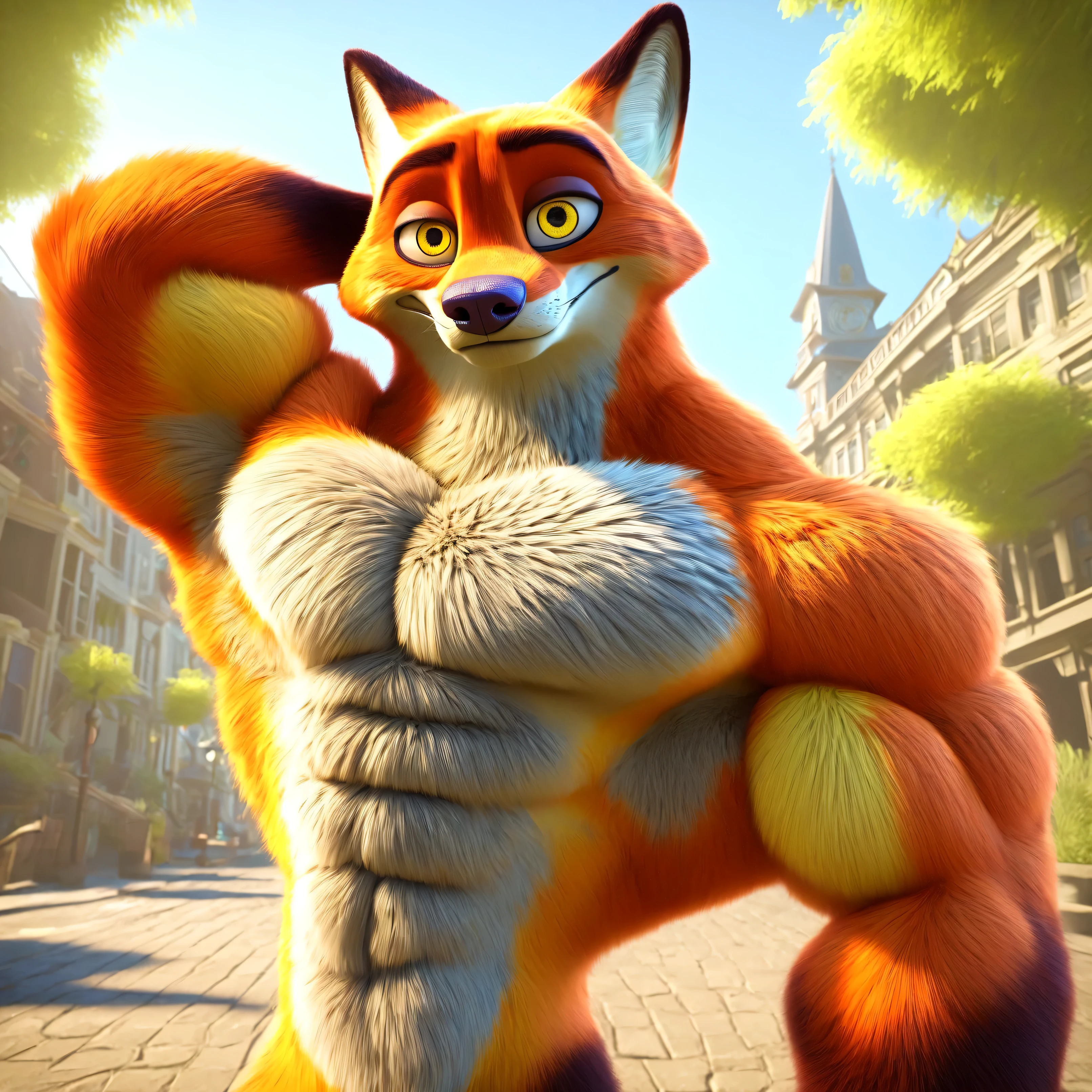 NickWilde, brown eyes, yellow sclera, solo, detailed, detailed face, black eyes, anthro body, male, adult, muscular, cartoon shading, cel shaded:1.0, flat colors, (no background, white background):1.5, shirtless, wfa style, negger style, cartoony anatomy, above waist, looking at viewer, posing, smile
