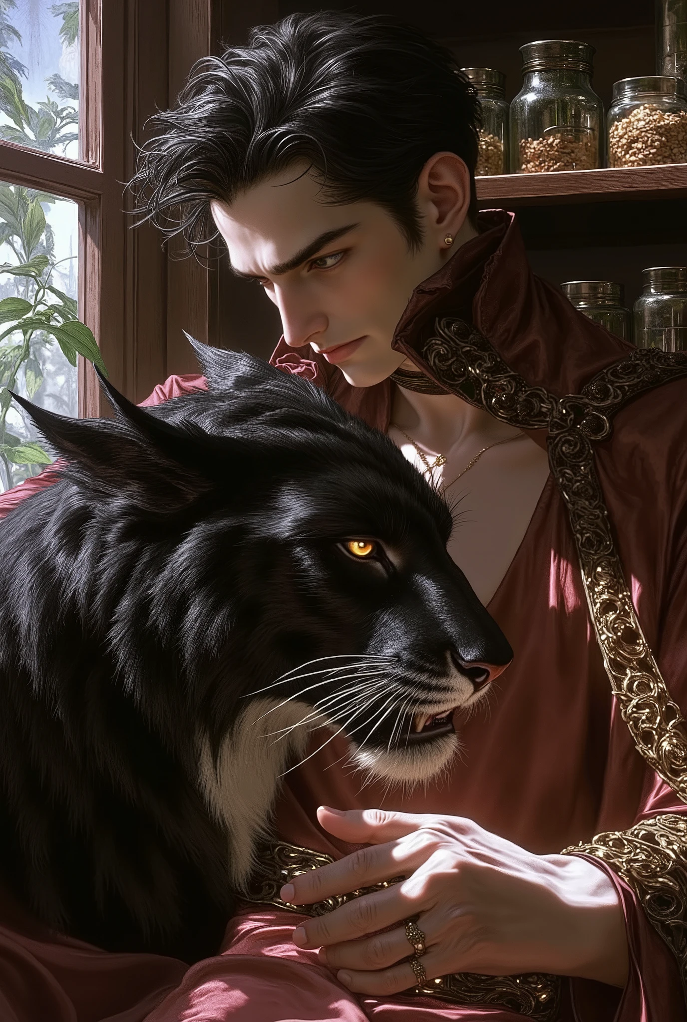 (fullbody))in jc leyendecker and paul cadmus art style, "the healer", fullbody, close up big black tiger, perfect anatomy, the merchant, shelves with HERBS, FRUITS, LITTLE BOXES, VEGETABLES, GRAINS, DUMBBELLS , reach intricate background LARGE WINDOWS TO SEE THE GARDEN, realism close up portrait, oil painting, masterpiece, shadows, expert, insanely detailed, 4k resolution, caravaggio, john william waterhouse, By Caravaggio colours, chiaroscuro, mtg, dnd, fantasy, Watercolor, trending on artstation, sharp focus, studio photo, intricate details, highly detailed, by greg rutkowski. Young wizard man, Handsome, sexy in a rich rich pinks outfit, tunic style that leaves your abdomen exposed. Burgundy, Center Part Mullet, Curtain Mullet hair