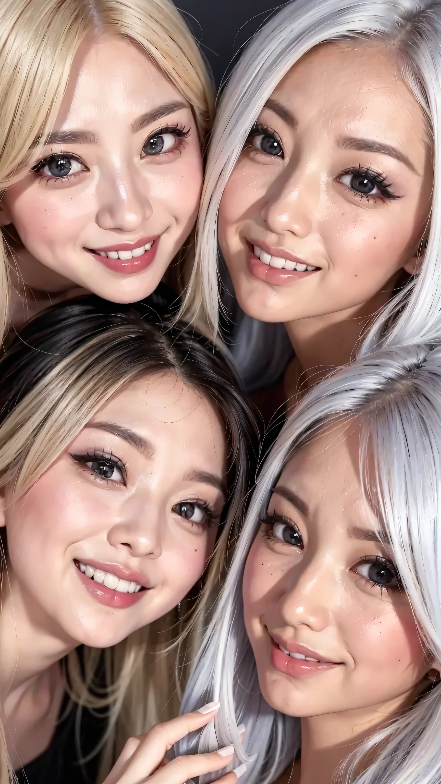 8k,high image quality、 An inappropriate smile、 laughing face 、 、I want to make parts of my face beautiful、mocking close-up super clear 、 eyes match 、staring at me、 you're looking at a close-up。My Face 、 すべての eyes match、 、I want to be close to beautiful women nearby 、 ,You look at me with a condescending smile , beautiful platinum colored hair 、 pose 、 4 beautiful women looking at me、 I'm watching in close-up、I want to make eye contact with anyone, my lips stick out