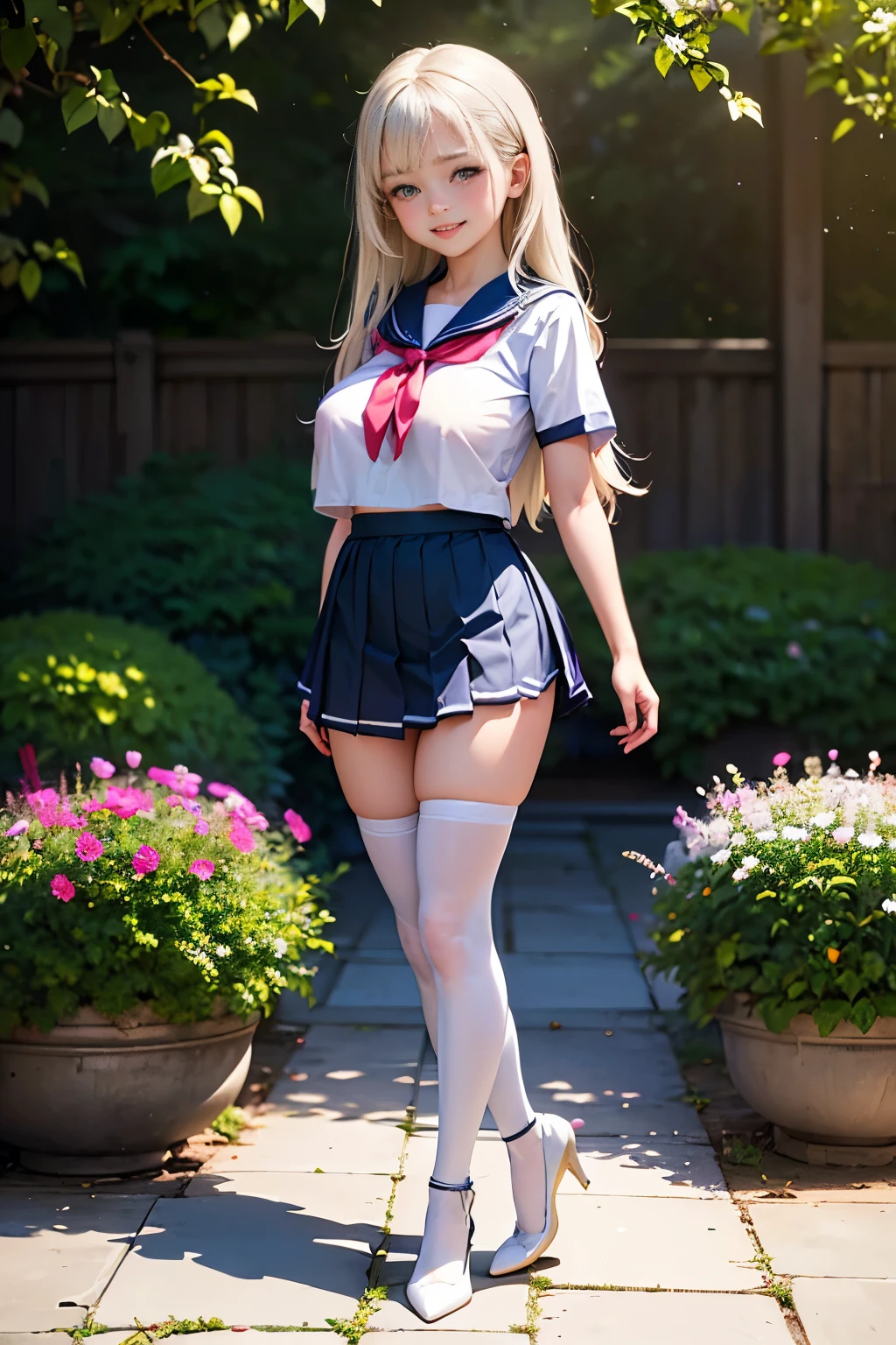1girl, 16yo, blonde hair, very long hair, twintails, red ribbon, blue eyes, shy, ,akizuki airi, blonde_hair, blue eyes, twintails, very_long_hair, hair_ornament red, hair_scrunchie red, big_breasts,akizuki airi, blonde_hair, blue eyes, twintails, very_long_hair, hair_ornament red, hair_scrunchie red, big_breasts, ((School Uniform)), Open Shirt Blouse, Realistic Nipples, very short miniskirt, pleated skirt, white panties, thin, super beautiful legs, tall, beautiful legs, ((thigh gap)), (model: 1.2), smile from the front: 1.1, dynamic pose, open legs, (makeup: 1.2), arms behind, sitting