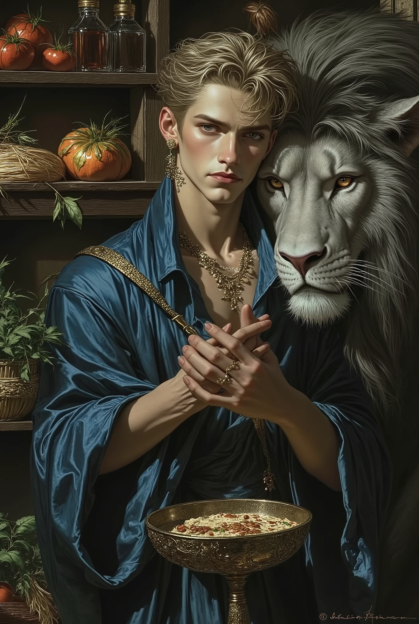 ((fullbody))in jc leyendecker and paul cadmus art style, "the healer", fullbody, close up big grey lion , perfect anatomy, the merchant, shelves with HERBS, FRUITS, LITTLE BOXES, VEGETABLES, GRAINS, DUMBBELLS , reach intricate background LARGE WINDOWS TO SEE THE GARDEN, realism close up portrait, oil painting, masterpiece, shadows, expert, insanely detailed, 4k resolution, caravaggio, john william waterhouse, By Caravaggio colours, chiaroscuro, mtg, dnd, fantasy, Watercolor, trending on artstation, sharp focus, studio photo, intricate details, highly detailed, by greg rutkowski. Young wizard man, Handsome, sexy in a rich deep azure blue outfit, tunic style that leaves your abdomen exposed. Burgundy, Center Part Mullet, Curtain Mullet hair
